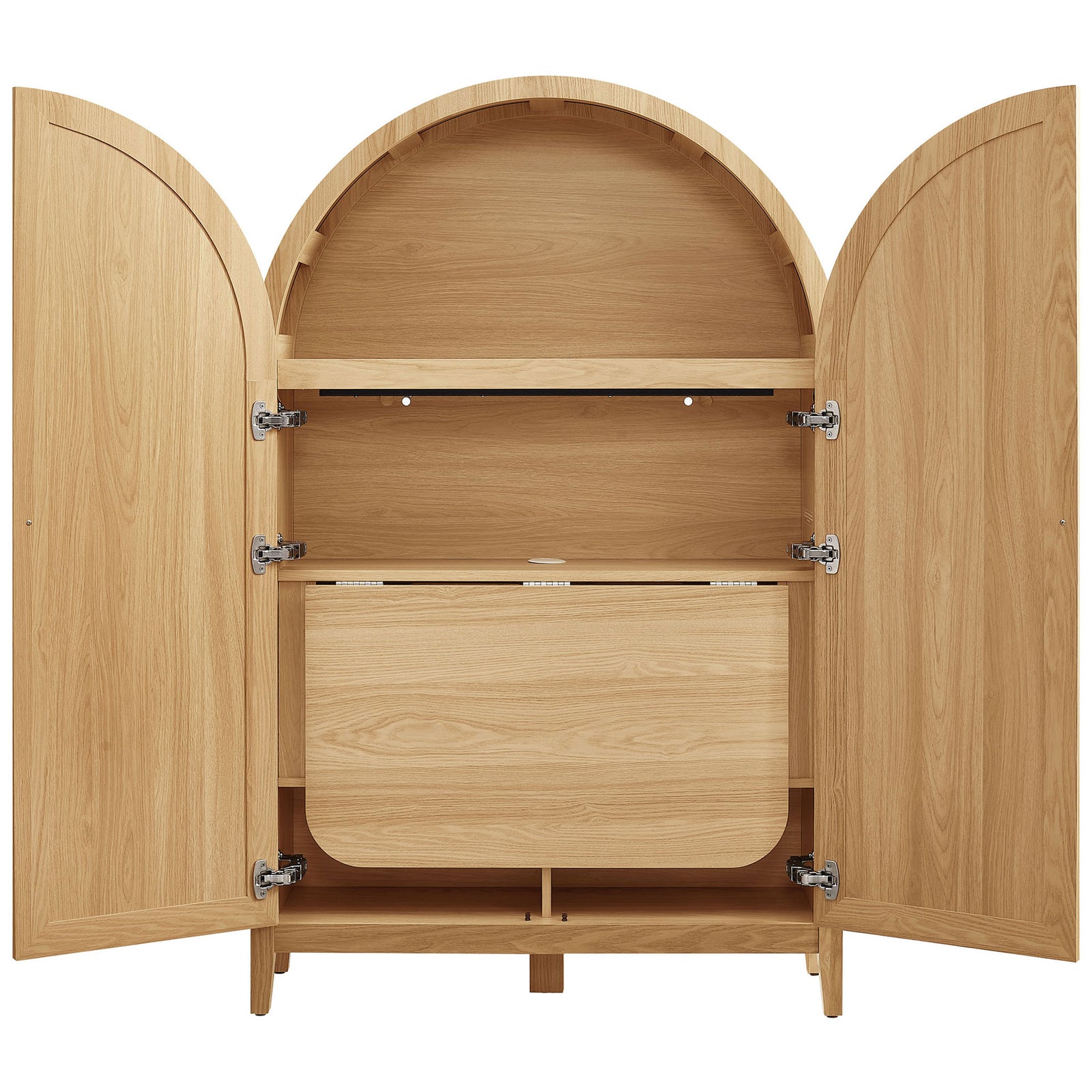 Interior shelves and folding desk stow neatly behind the arched doors. || EEI-7604-OAK || front_open_studio