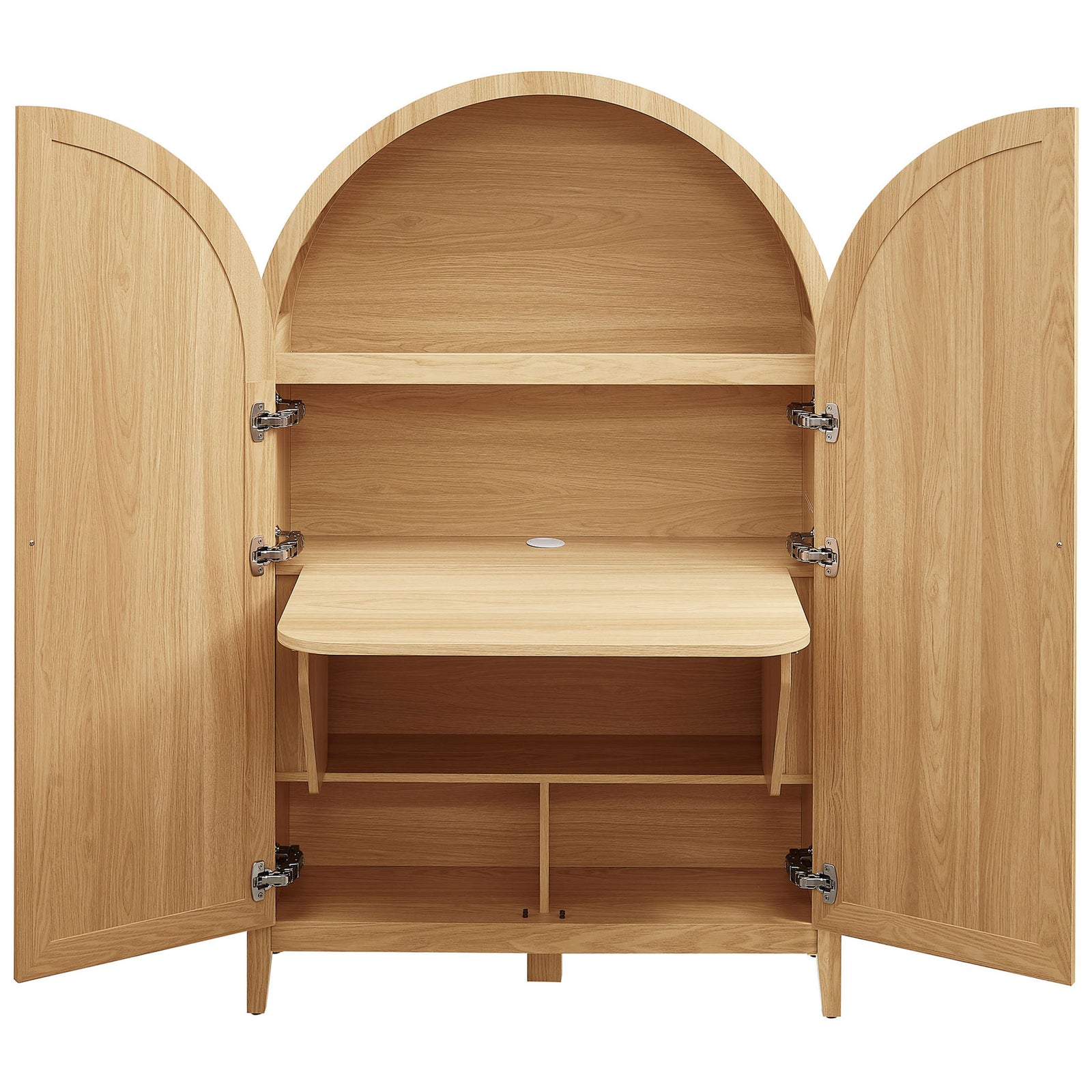Fold-down oak desk creates a compact workspace inside the arched cabinet. || EEI-7604-OAK || front_converted_studio