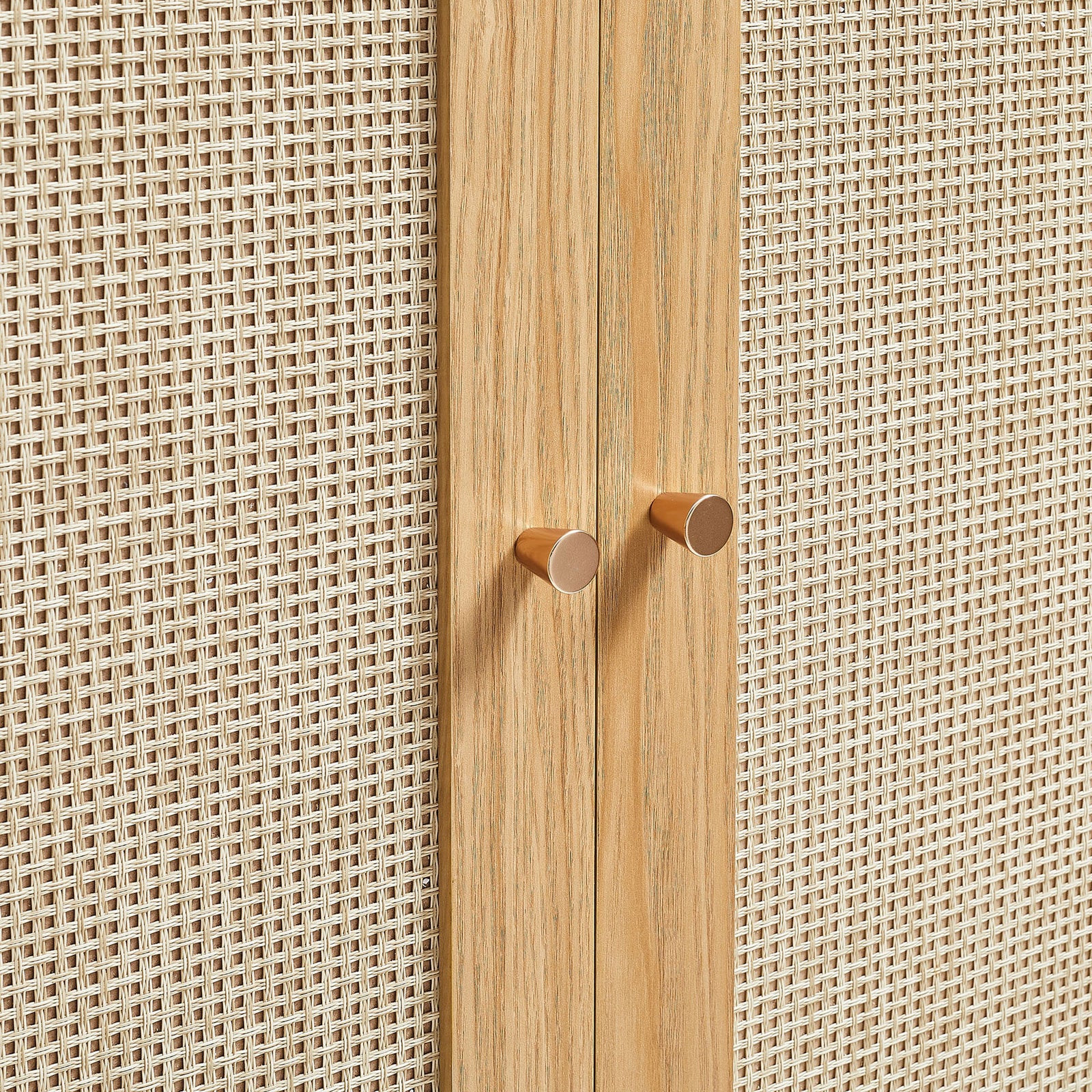 Textured faux rattan panels paired with sleek round pulls for a modern look. || EEI-7604-OAK || handle_studio