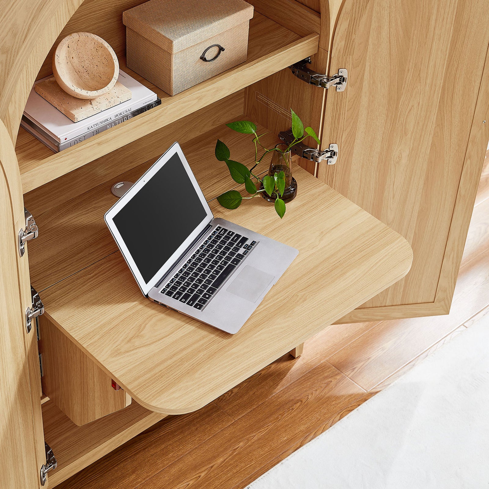 Folding desk offers a tidy laptop workstation with shelf storage above and below. || EEI-7604-OAK || detail_converted_room