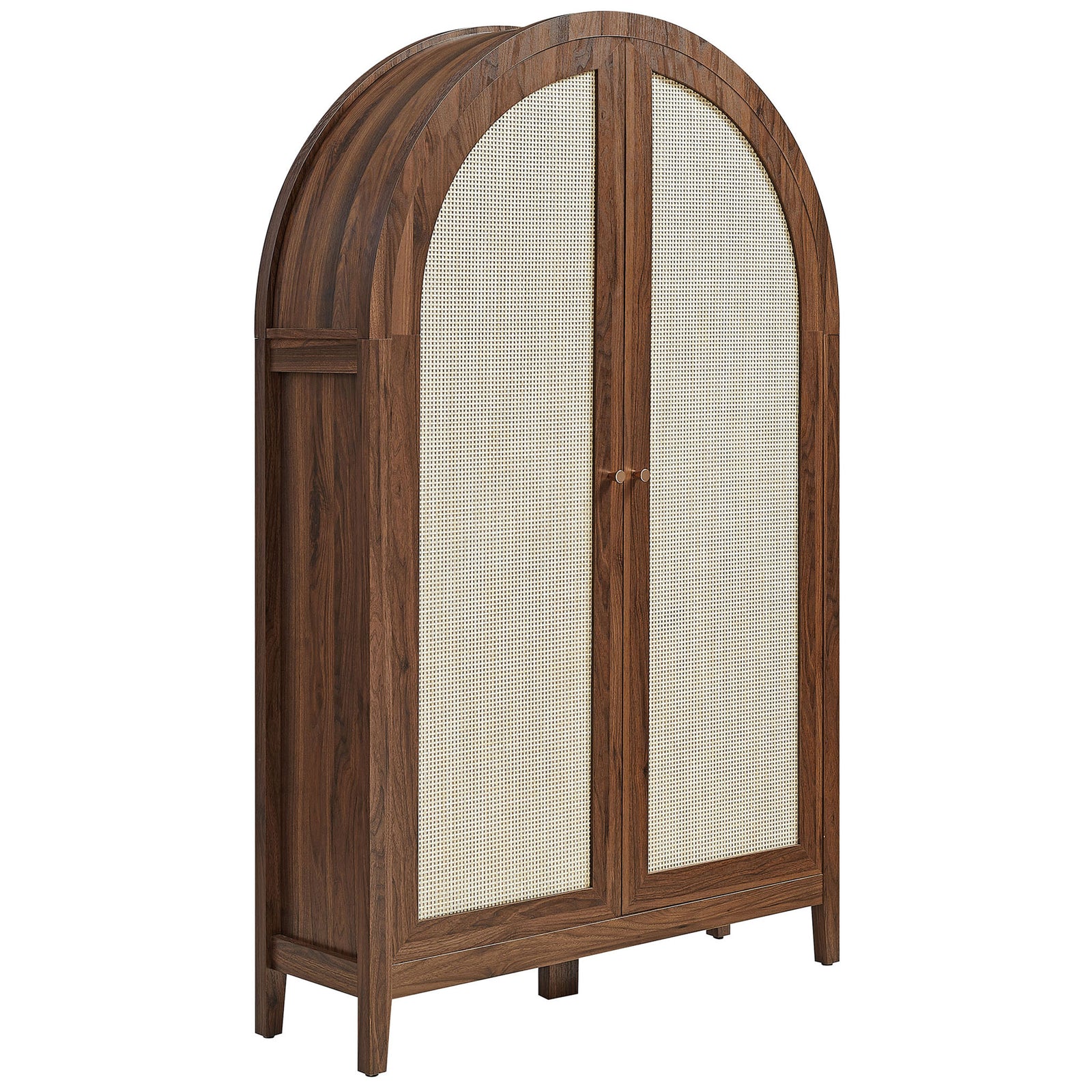Layered-arch walnut cabinet pairs woven rattan panels with sleek metal knobs for striking contrast || EEI-7604-WAL || front_angle_studio
