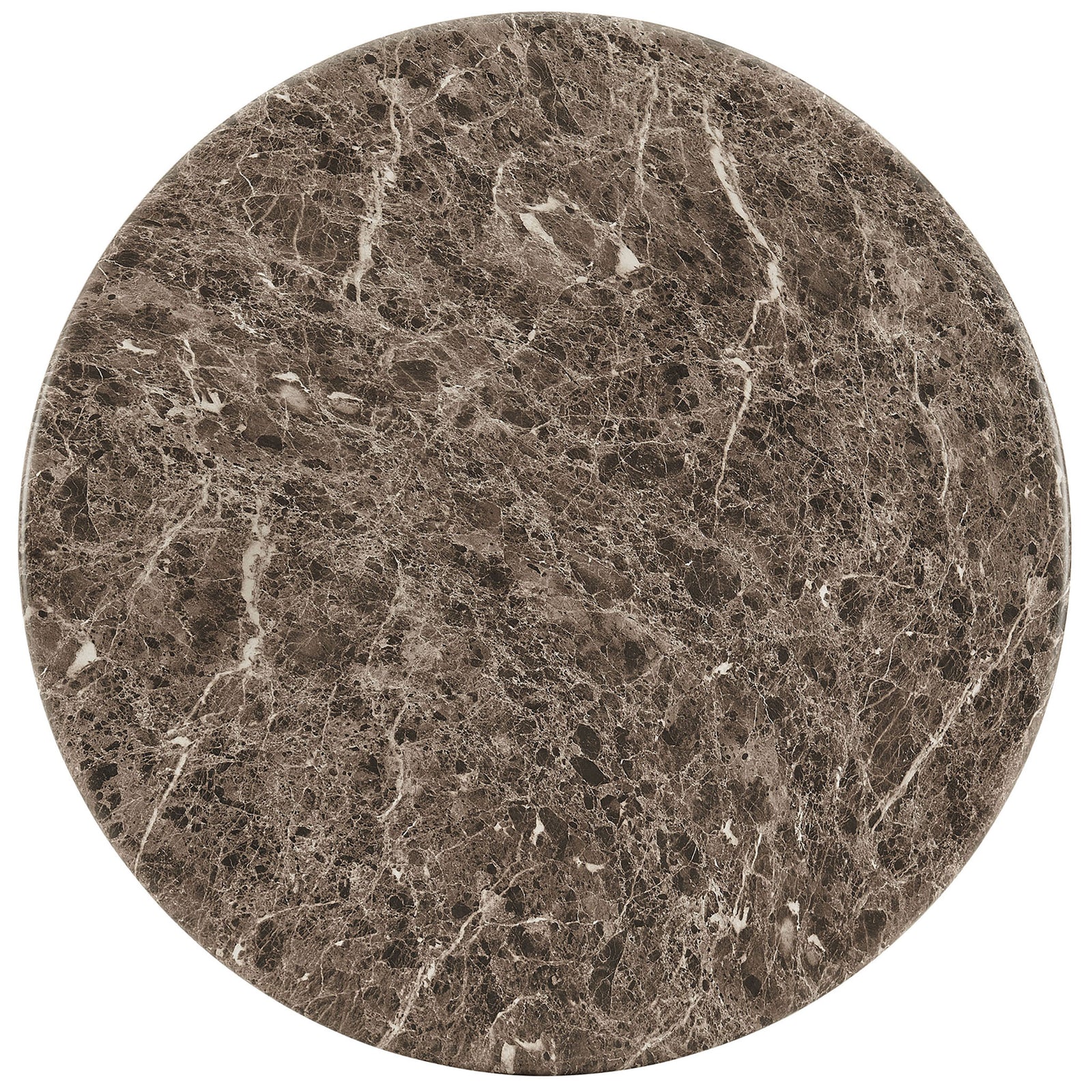 Circular dark emperador marble-look tabletop with rich veining and a smooth rounded edge || EEI-7622-EMP || top_studio