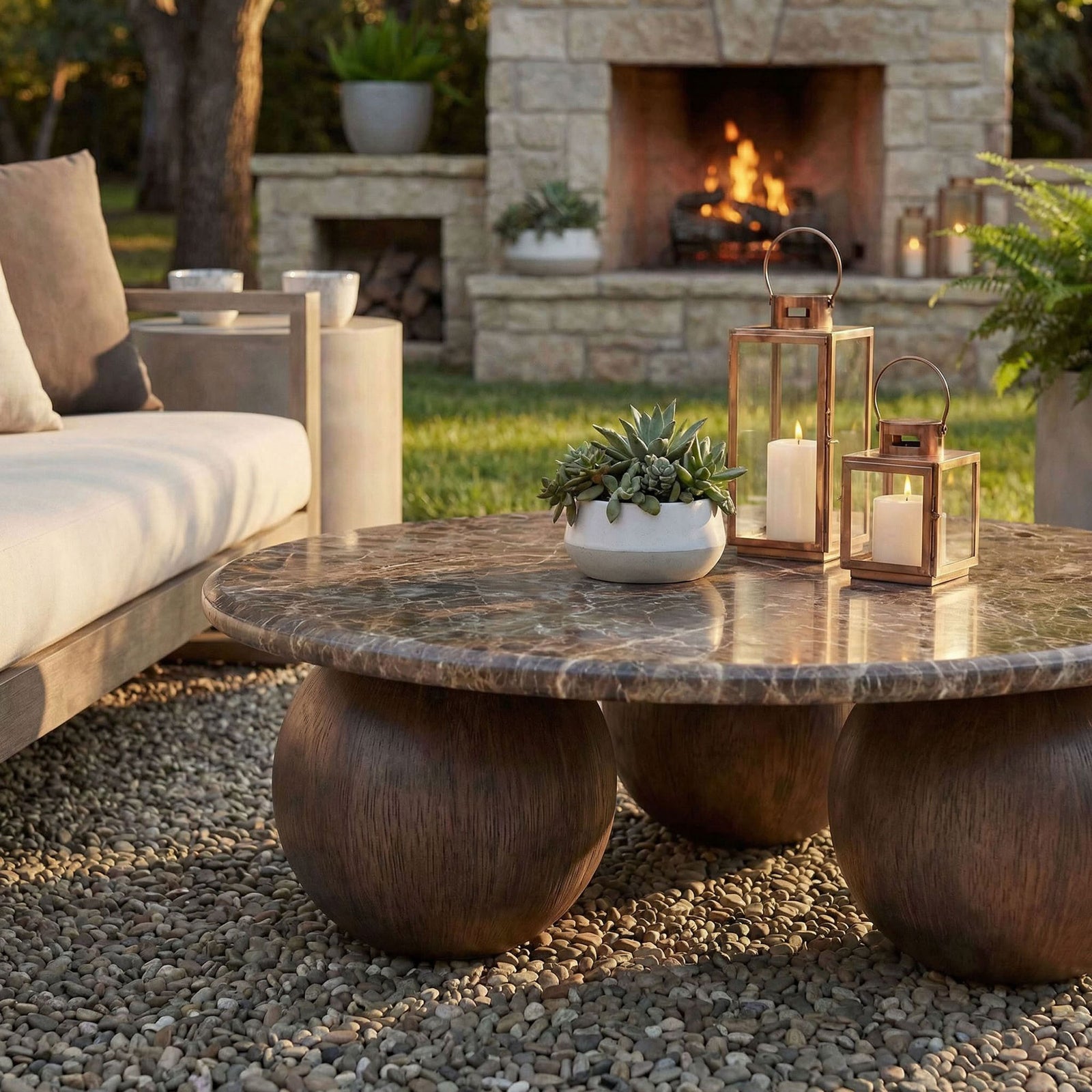 Dark marble-look coffee table styled with lanterns and greenery on a stone patio by a fireplace || EEI-7622-EMP || front_angle_room
