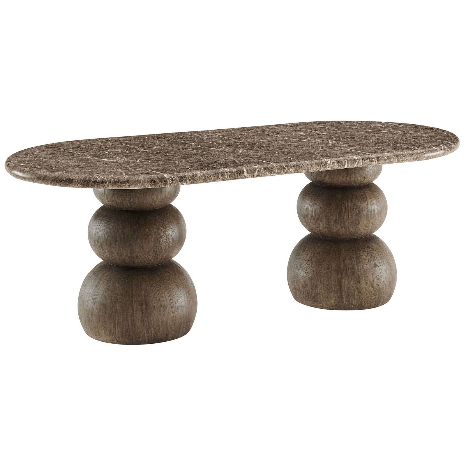 Sculptural oval dining table with dark emperador-look top and dual stacked ball pedestals || EEI-7623-EMP || front_angle_studio