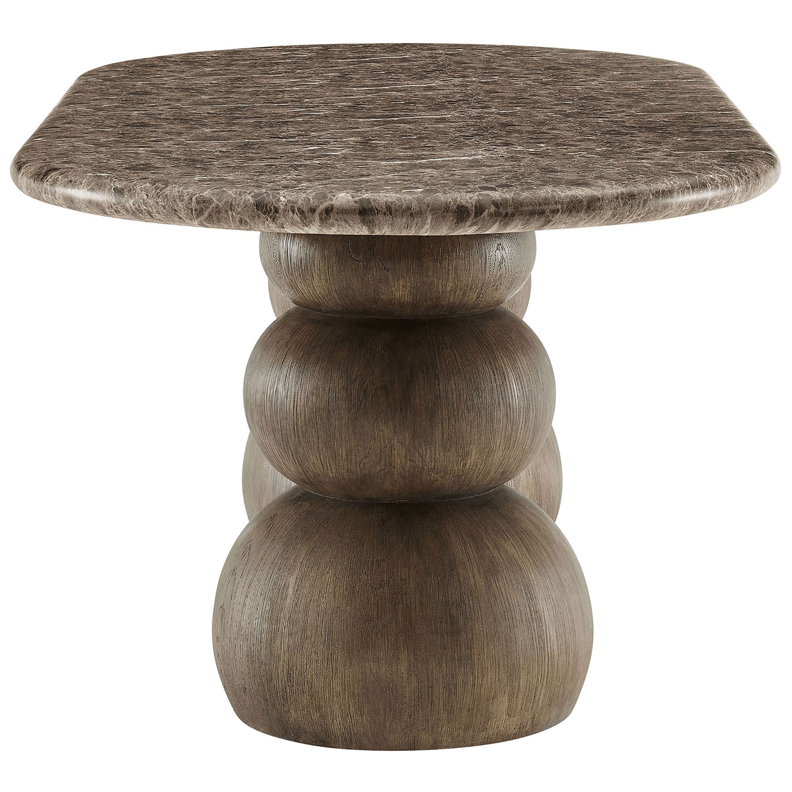 Rounded pedestal base and richly grained faux wood finish supporting the marble-look tabletop || EEI-7623-EMP || side_studio