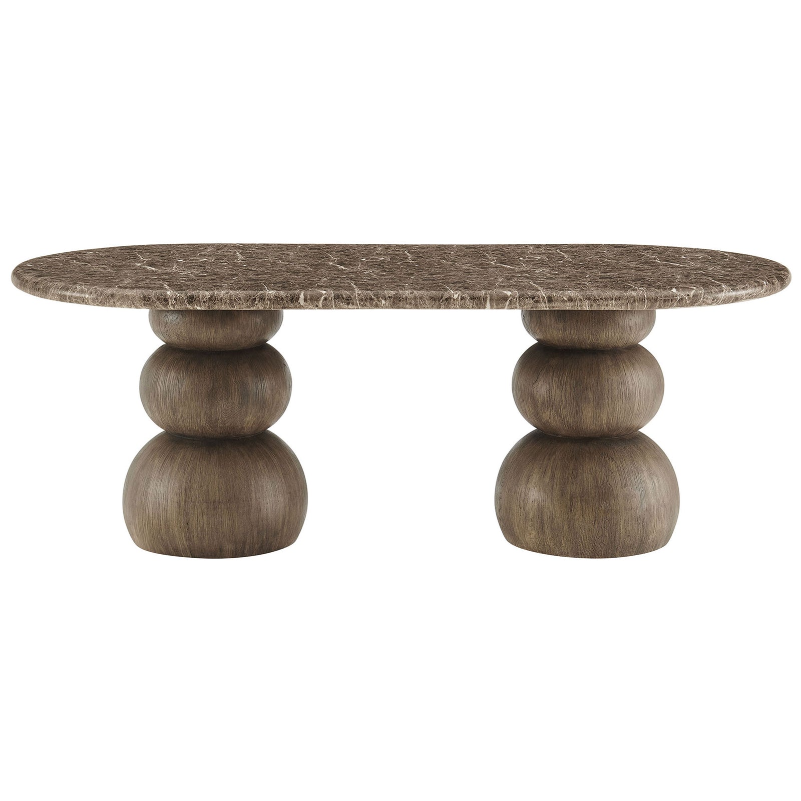 Modern oval dining table featuring a dark faux marble top and two sculptural pedestal bases || EEI-7623-EMP || front_studio
