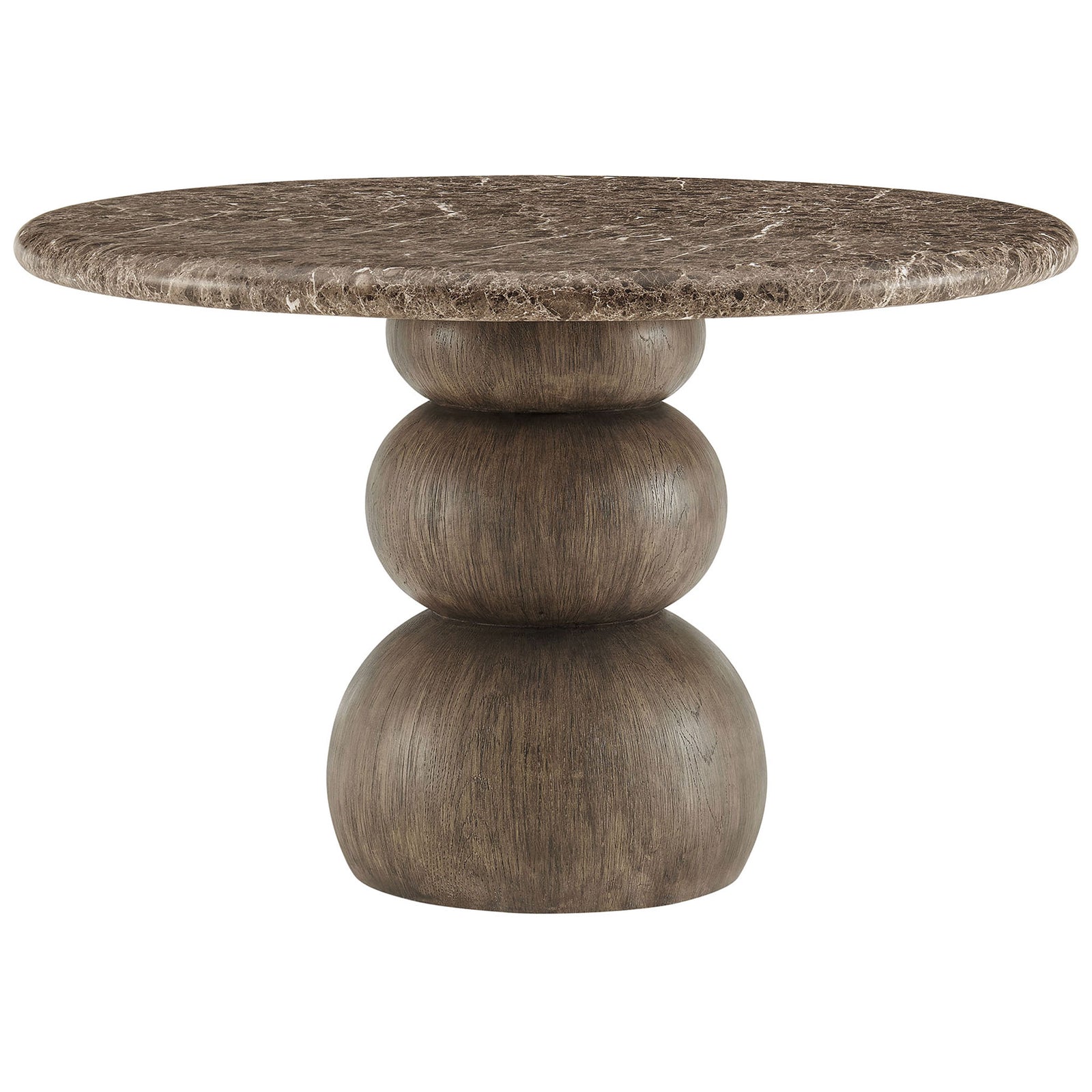 Modern round dining table featuring a rich faux marble surface and rounded pedestal form || EEI-7624-EMP || front_studio