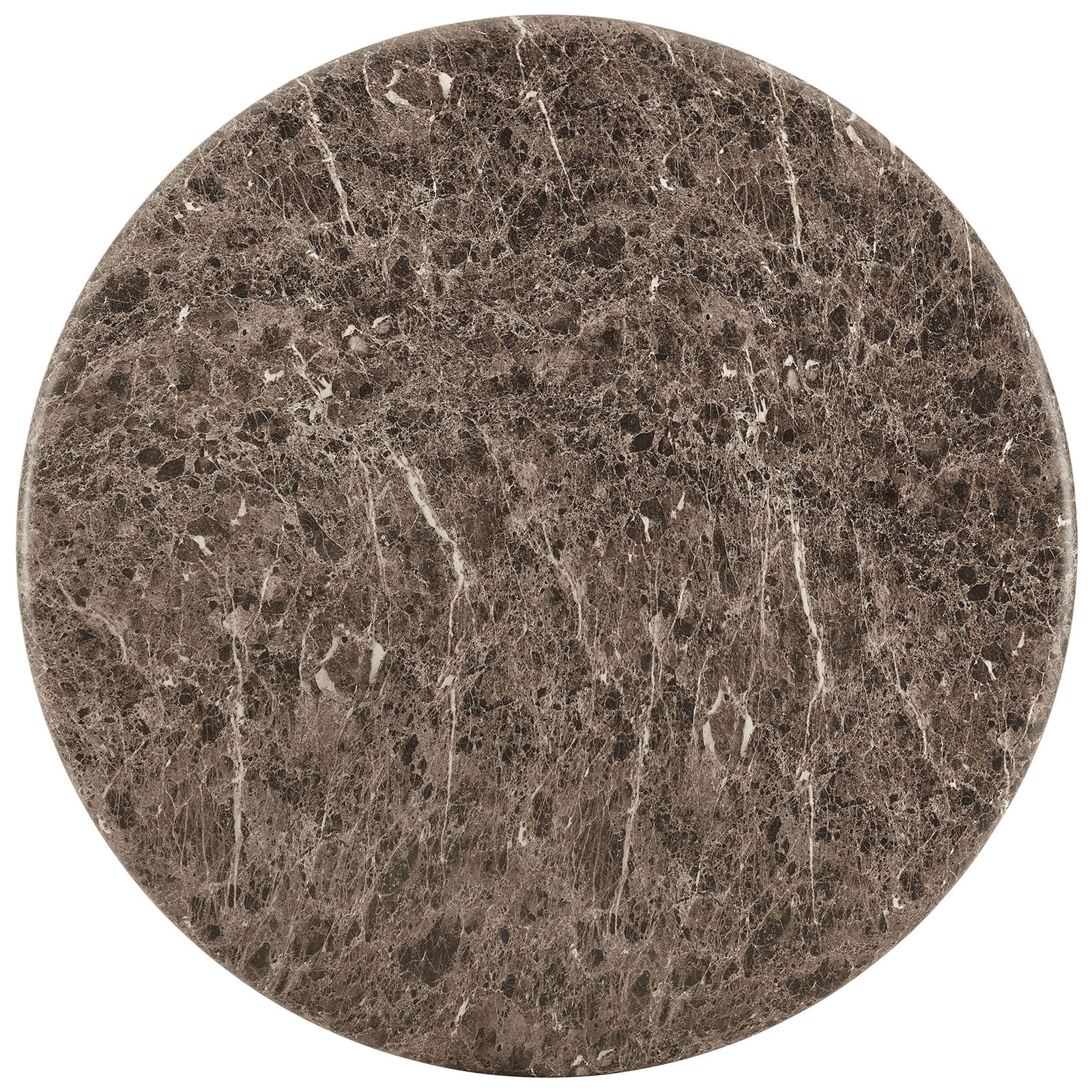 Circular tabletop in dark emperador-style finish with dynamic veining and smooth rounded edge || EEI-7624-EMP || top_studio