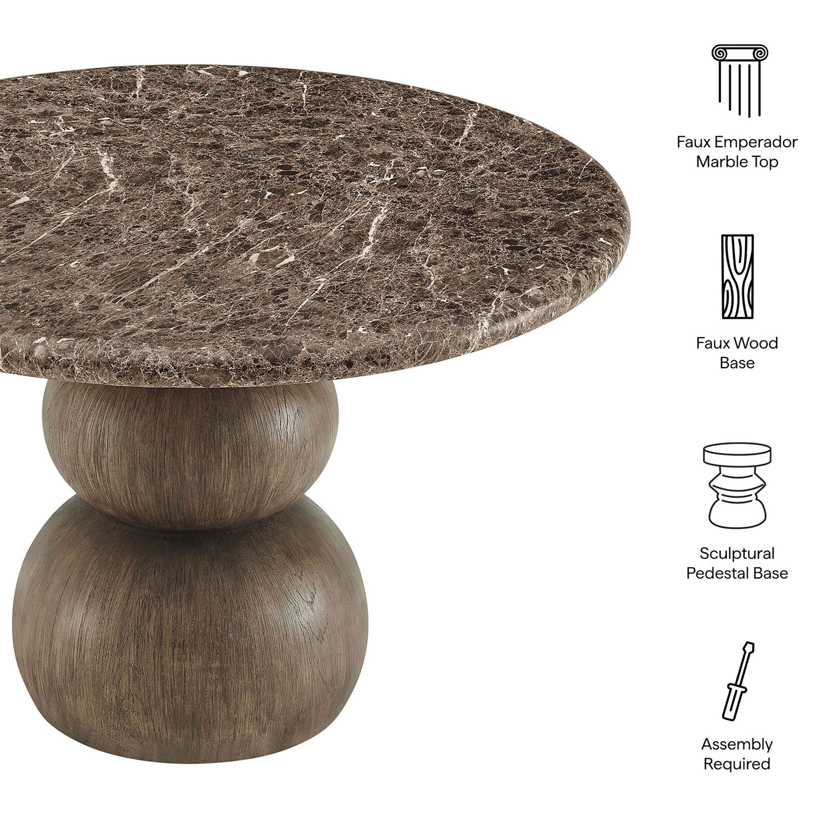 Key features include a faux marble top, faux wood base, sculptural silhouette, and simple assembly || EEI-7624-EMP || callout_studio