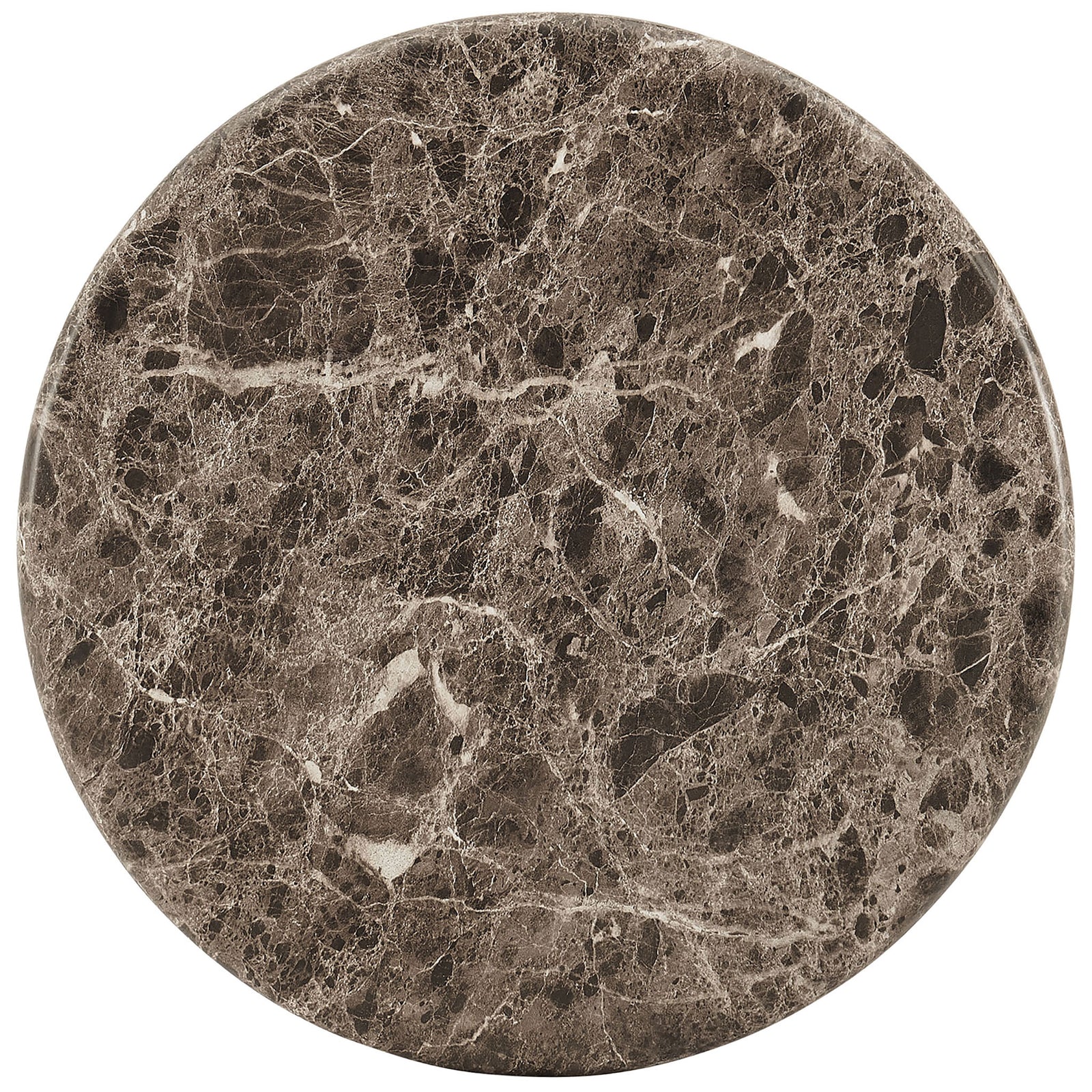 Dark emperador marble-look tabletop with rich veining that adds depth and drama to the compact round side table. || EEI-7625-EMP || top_studio