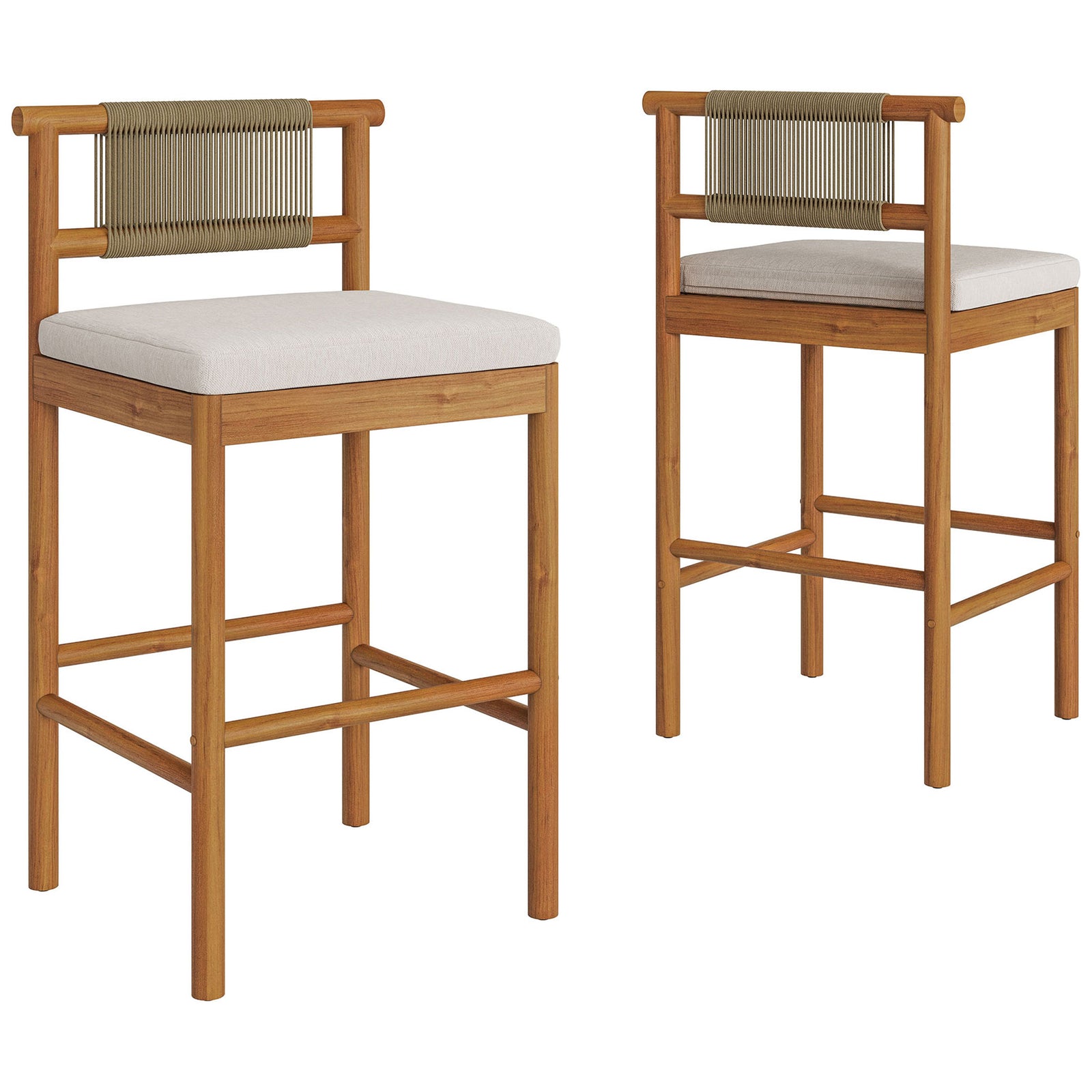 Set of two teak bar stools with rope backs and thick cushions ready for outdoor bars || EEI-7626-NAT-SAI || front_angle_multi_studio