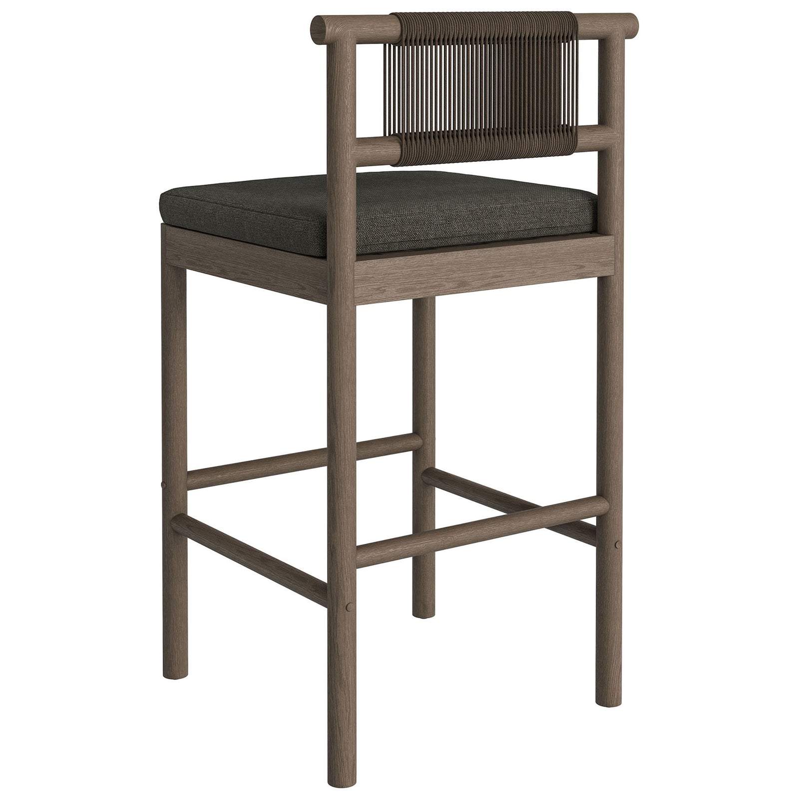 Back view of weathered gray bar stool emphasizing the vertical woven rope back panel || EEI-7626-WGR-FLI || back_angle_studio