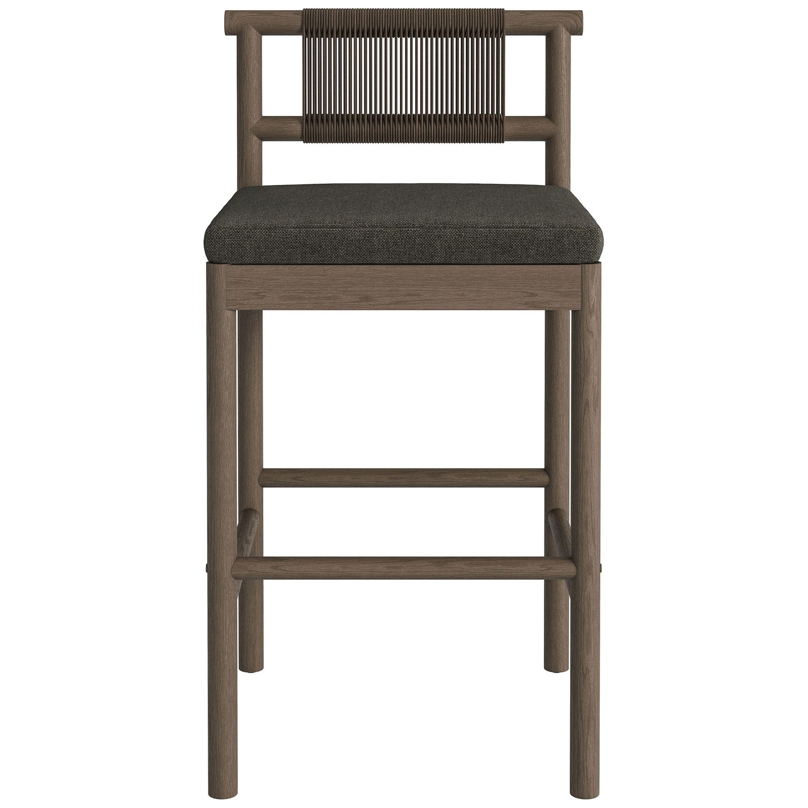 Weathered gray teak bar stool with woven rope backrest and dark charcoal seat cushion || EEI-7626-WGR-FLI || front_studio