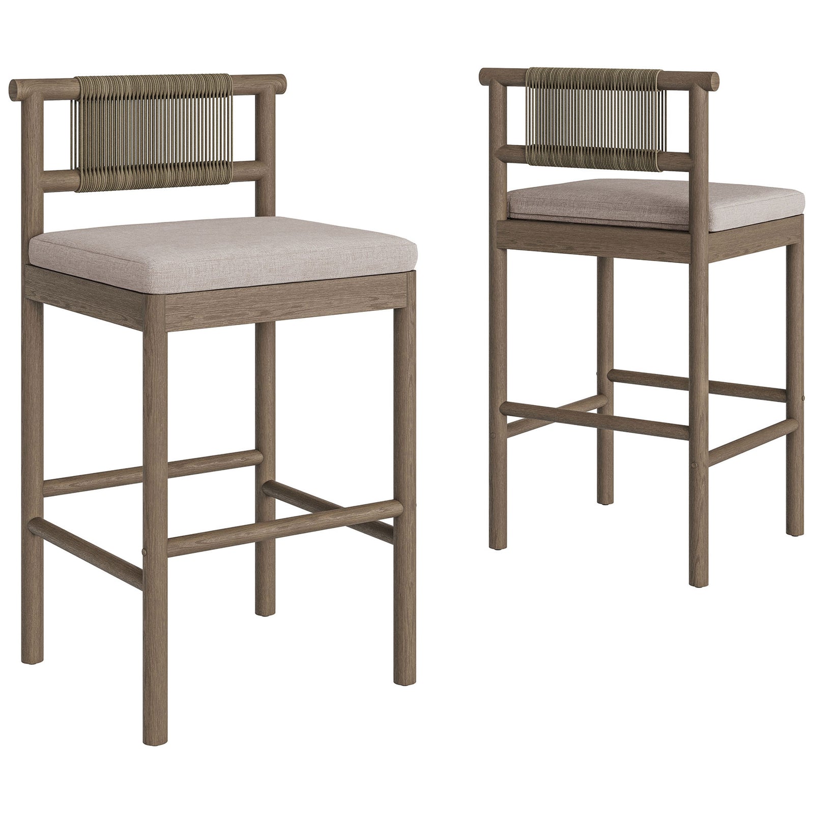 Set of two weathered gray bar stools with rope backs and pebble cushions for outdoor bars || EEI-7626-WGR-PEB || front_angle_multi_studio