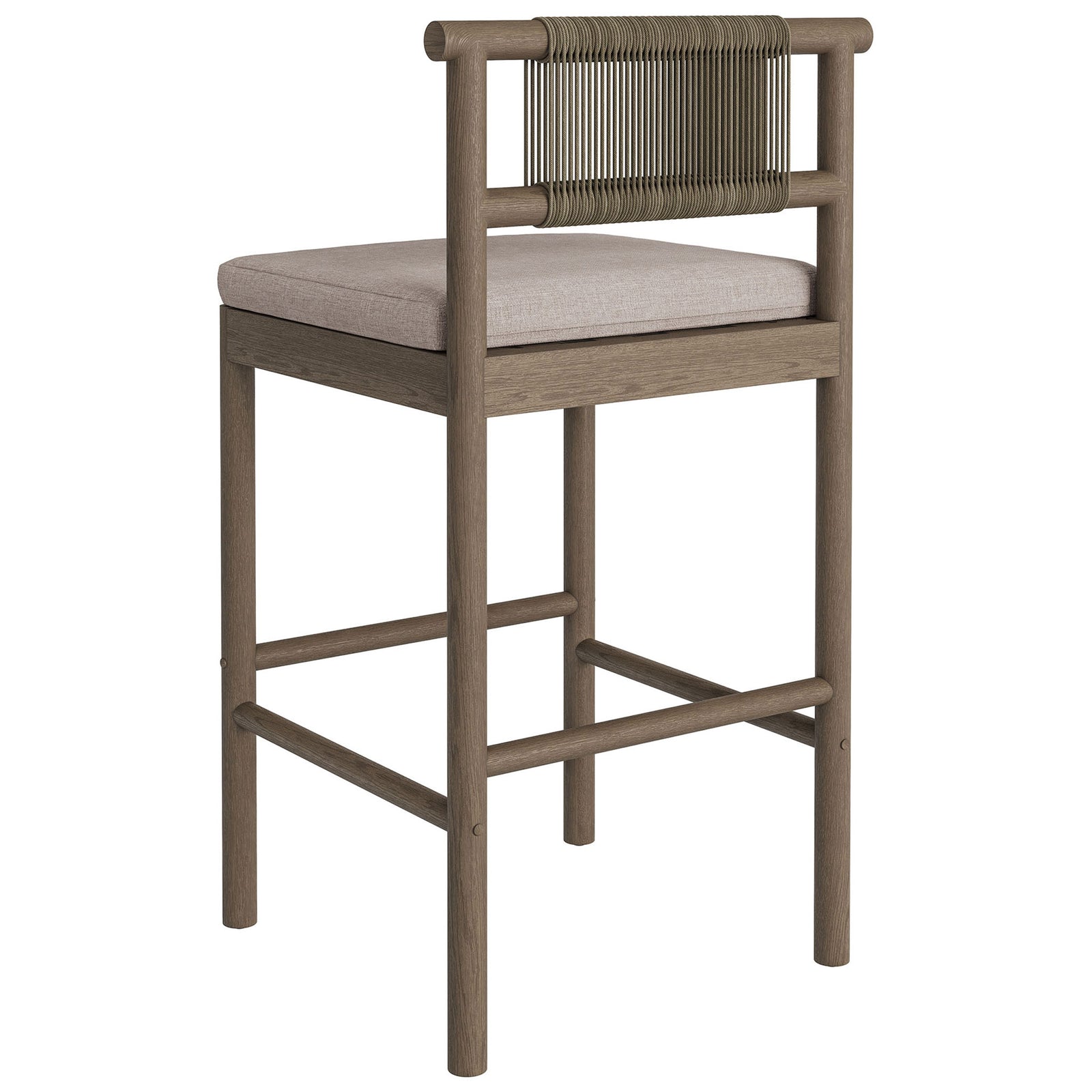 Back view of weathered gray bar stool emphasizing the vertical woven rope back panel || EEI-7626-WGR-PEB || back_angle_studio