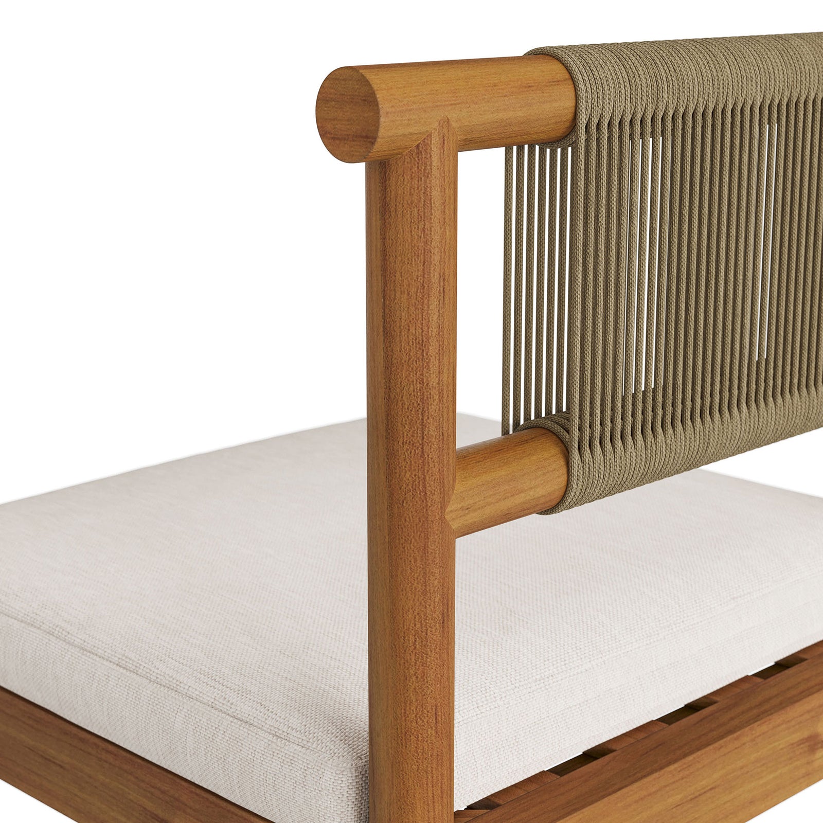 Close-up of rope-wrapped backrest and textured cushion on teak outdoor counter stool || EEI-7627-NAT-SAI || detail_studio