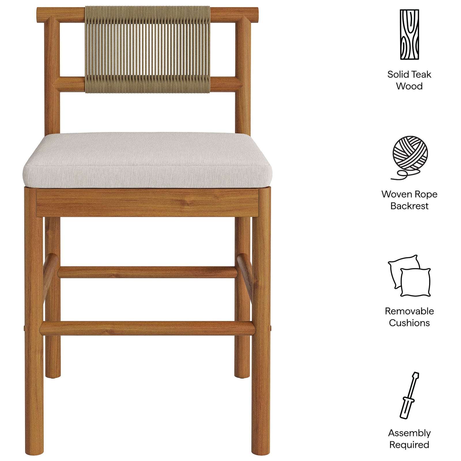Feature callouts for teak counter stool showing rope back, removable cushion and assembly || EEI-7627-NAT-SAI || callout_studio