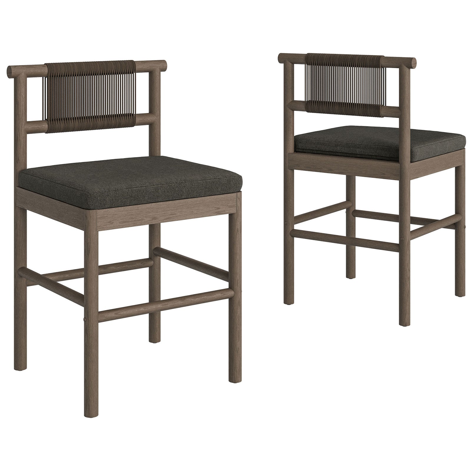 Set of two weathered gray counter stools with rope backs and charcoal cushions for patios || EEI-7627-WGR-FLI || front_angle_multi_studio