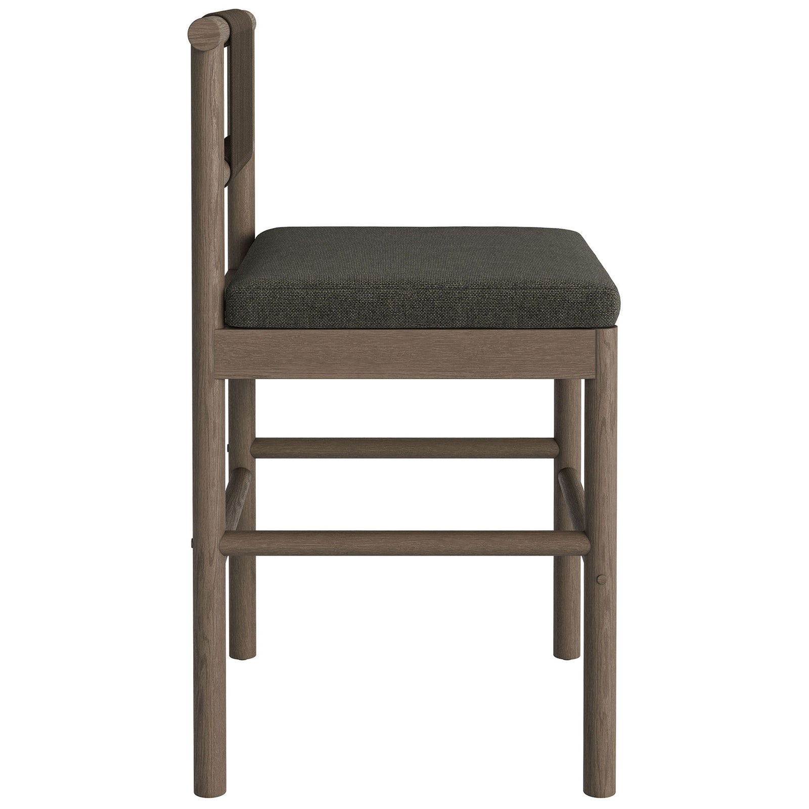 Side profile of weathered gray counter stool with sturdy legs, footrests and padded seat || EEI-7627-WGR-FLI || side_studio