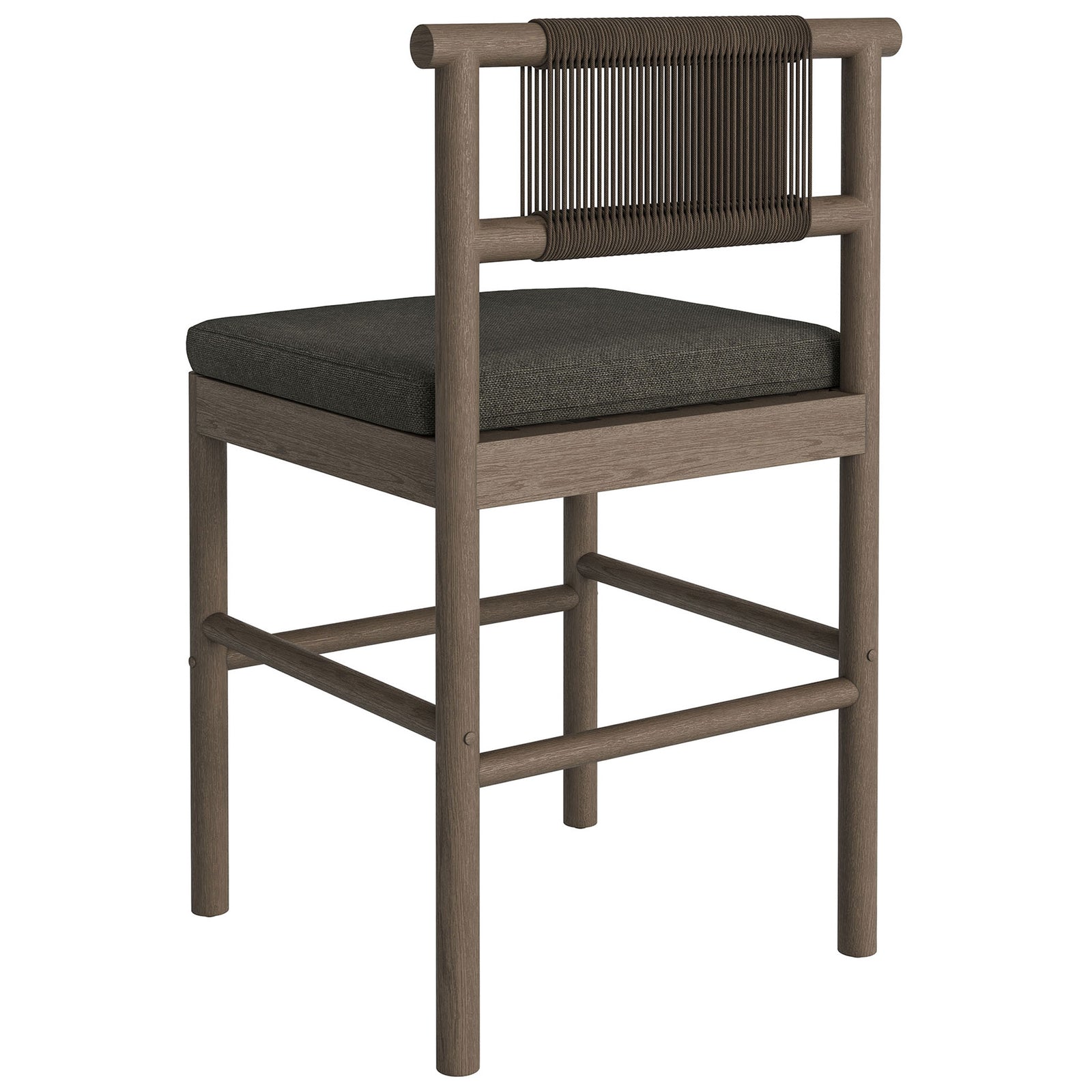 Back view of weathered gray counter stool highlighting tightly woven rope back detail || EEI-7627-WGR-FLI || back_angle_studio
