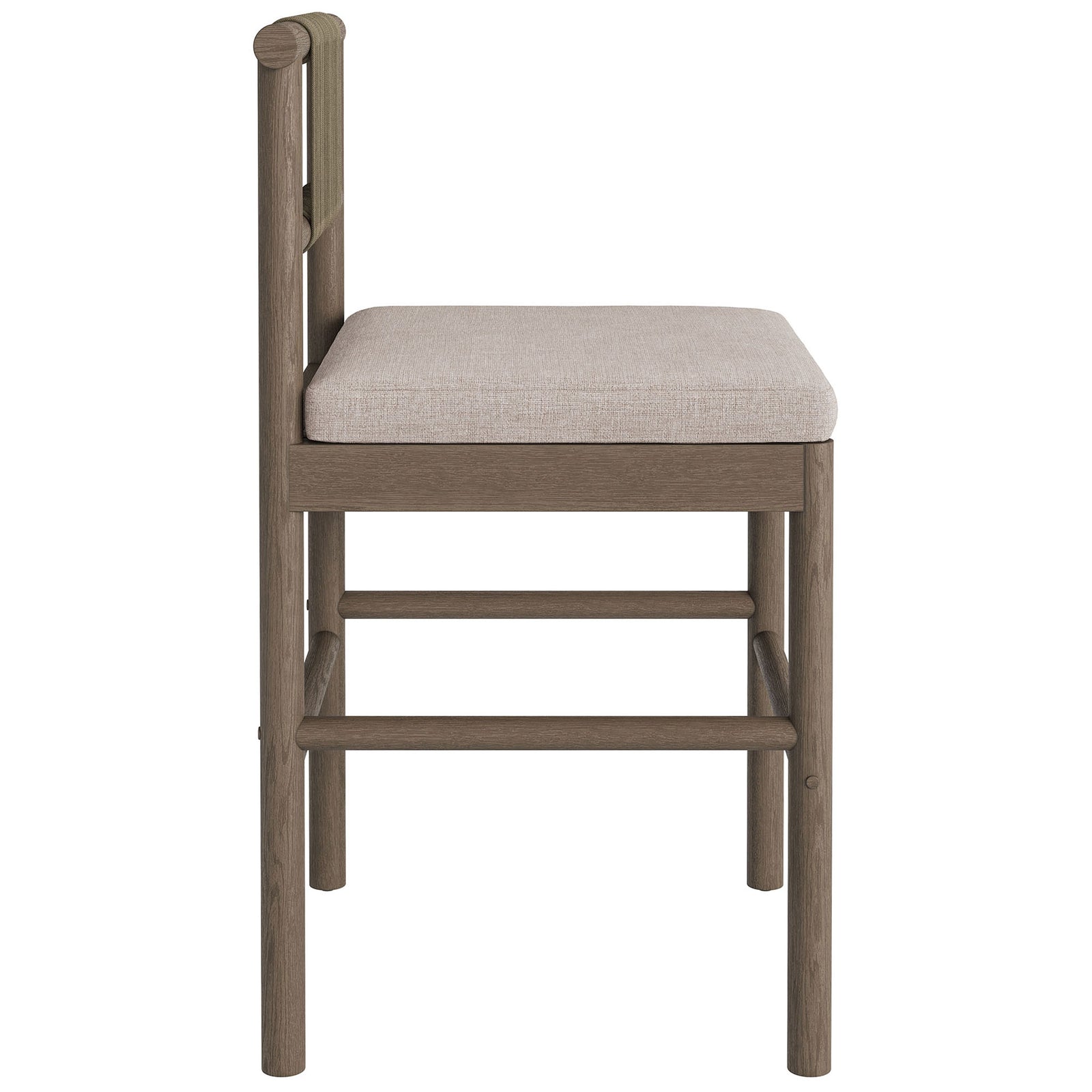 Side profile of weathered gray counter stool with sturdy legs, footrests and padded seat || EEI-7627-WGR-PEB || side_studio