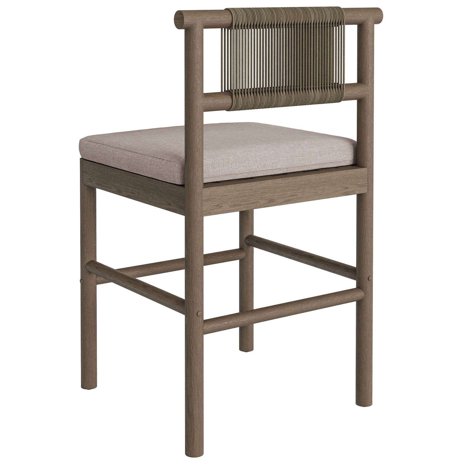 Back view of weathered gray counter stool highlighting vertical woven rope back detail || EEI-7627-WGR-PEB || back_angle_studio