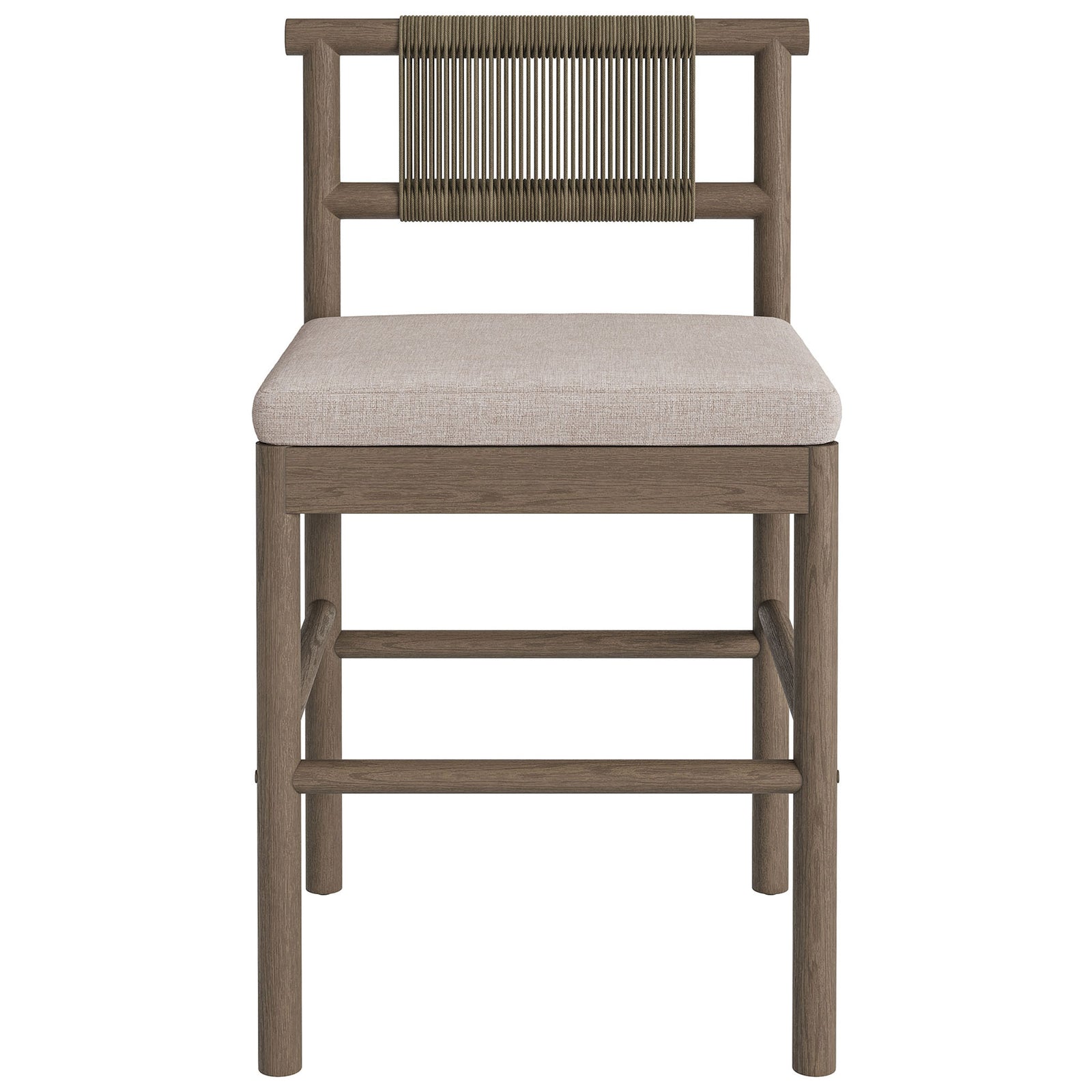 Weathered gray teak counter stool with woven rope backrest and light pebble cushion || EEI-7627-WGR-PEB || front_studio