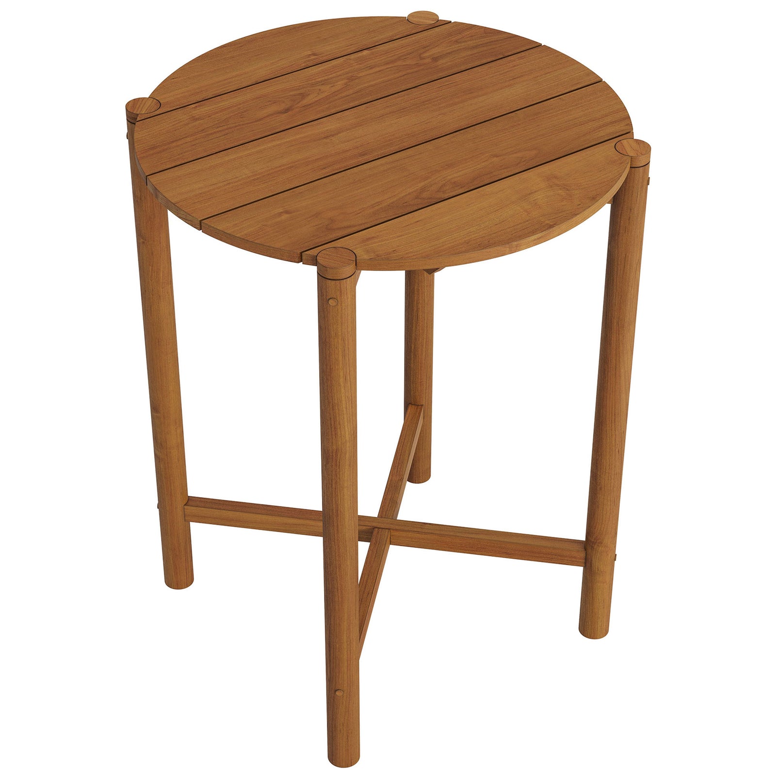 Slatted round teak tabletop helps water flow through and keeps surfaces ready between showers || EEI-7628-NAT || top_angle_studio