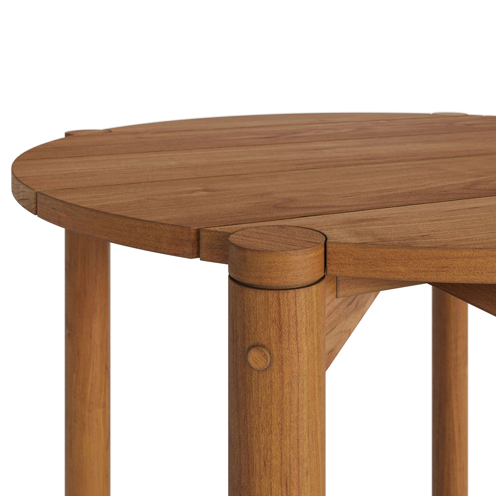 Rounded edge and smooth joinery on the natural teak round tabletop emphasize craftsmanship and quality || EEI-7628-NAT || detail_studio
