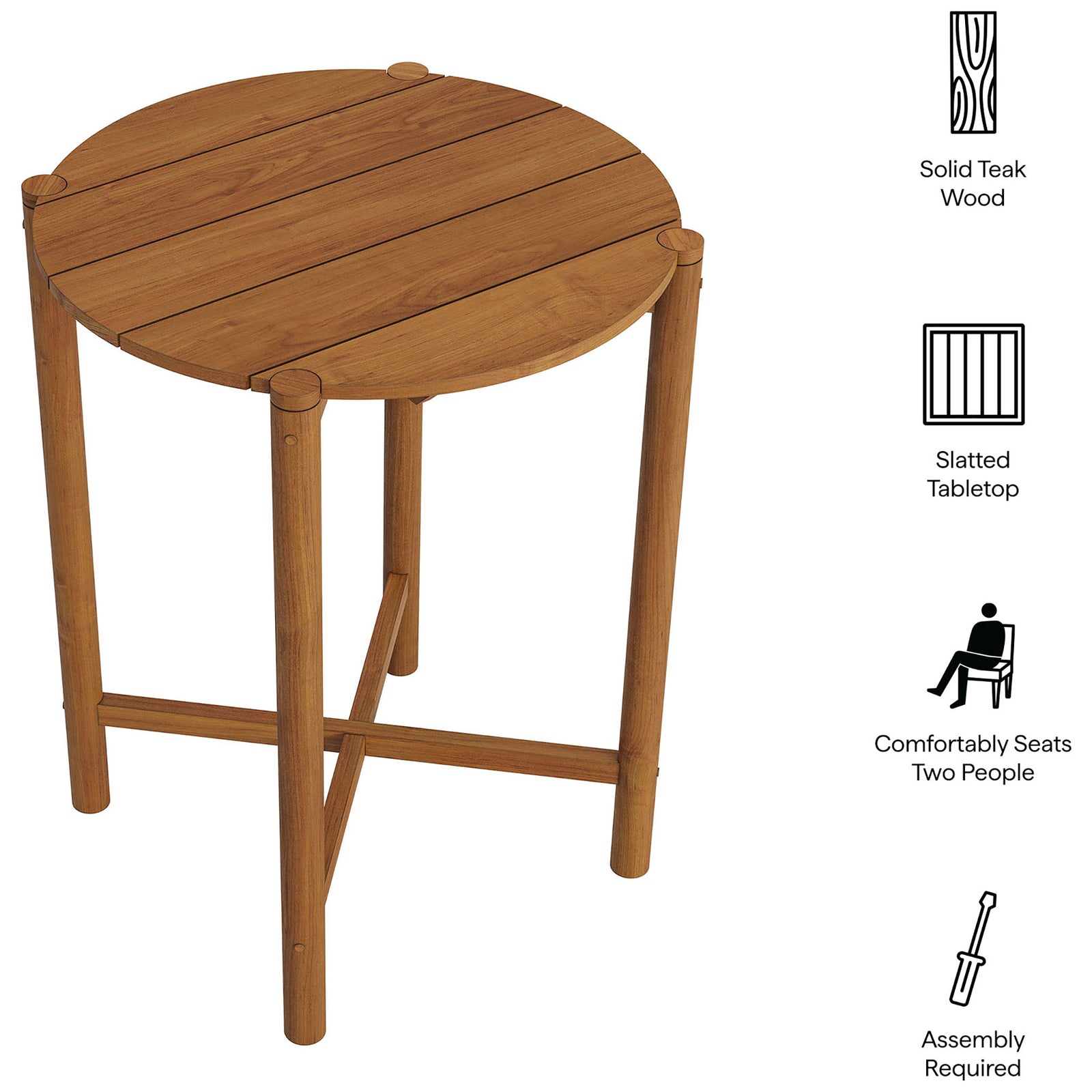 Feature callouts highlight this natural teak round bar table with slatted top and seating for two || EEI-7628-NAT || callout_studio