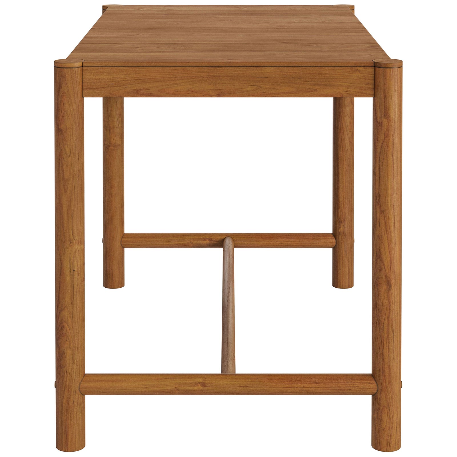Natural teak bar table with slim rectangular frame and rounded posts for modern patios || EEI-7629-NAT || side_studio