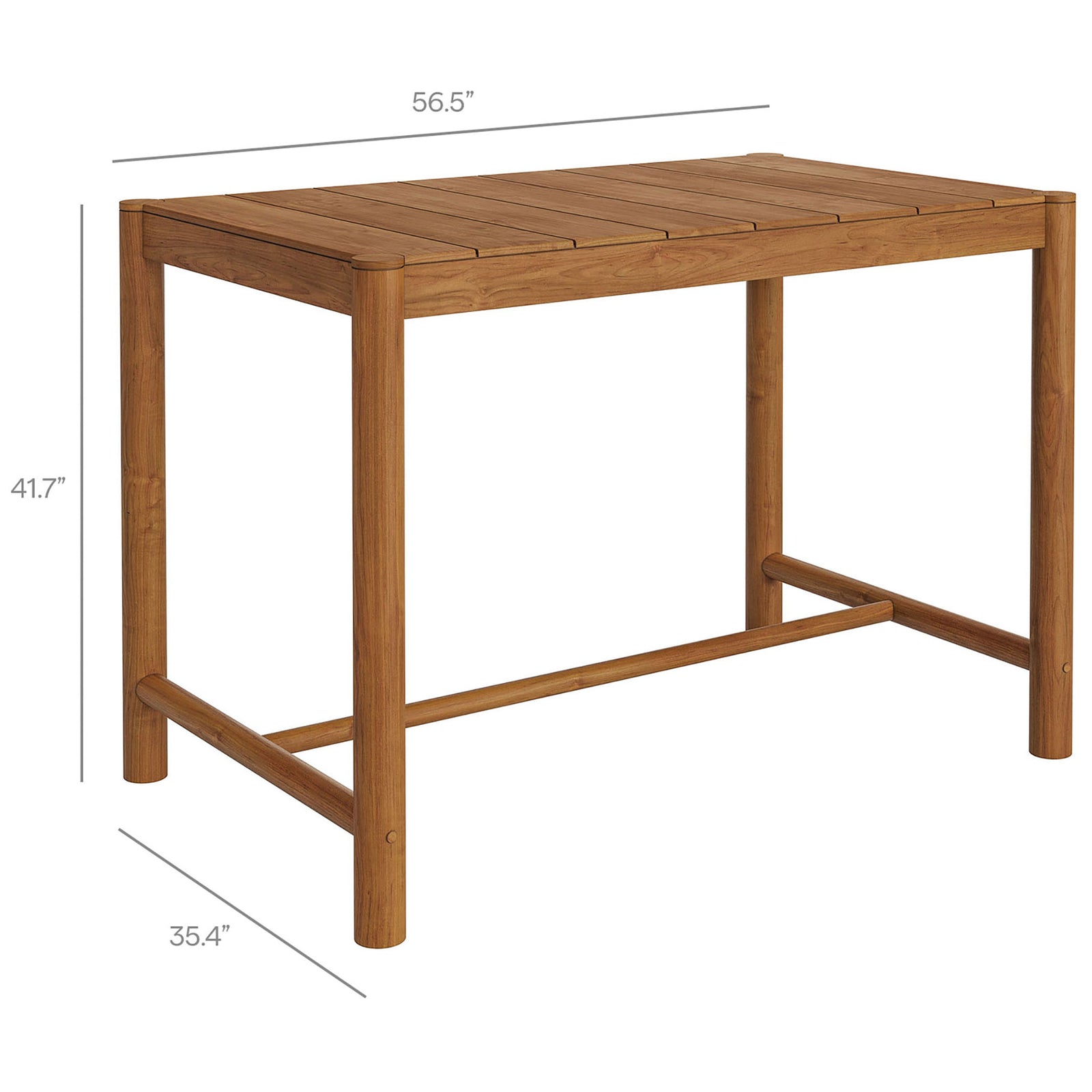 56.5 inch wide natural teak bar table sized to offer generous workspace while fitting compact patios || EEI-7629-NAT || dimension_studio