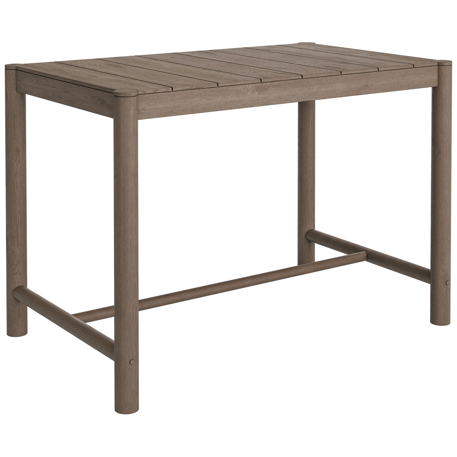 Solid weathered gray teak bar table showcasing a clean silhouette and practical stretcher base || EEI-7629-WGR || front_angle_studio
