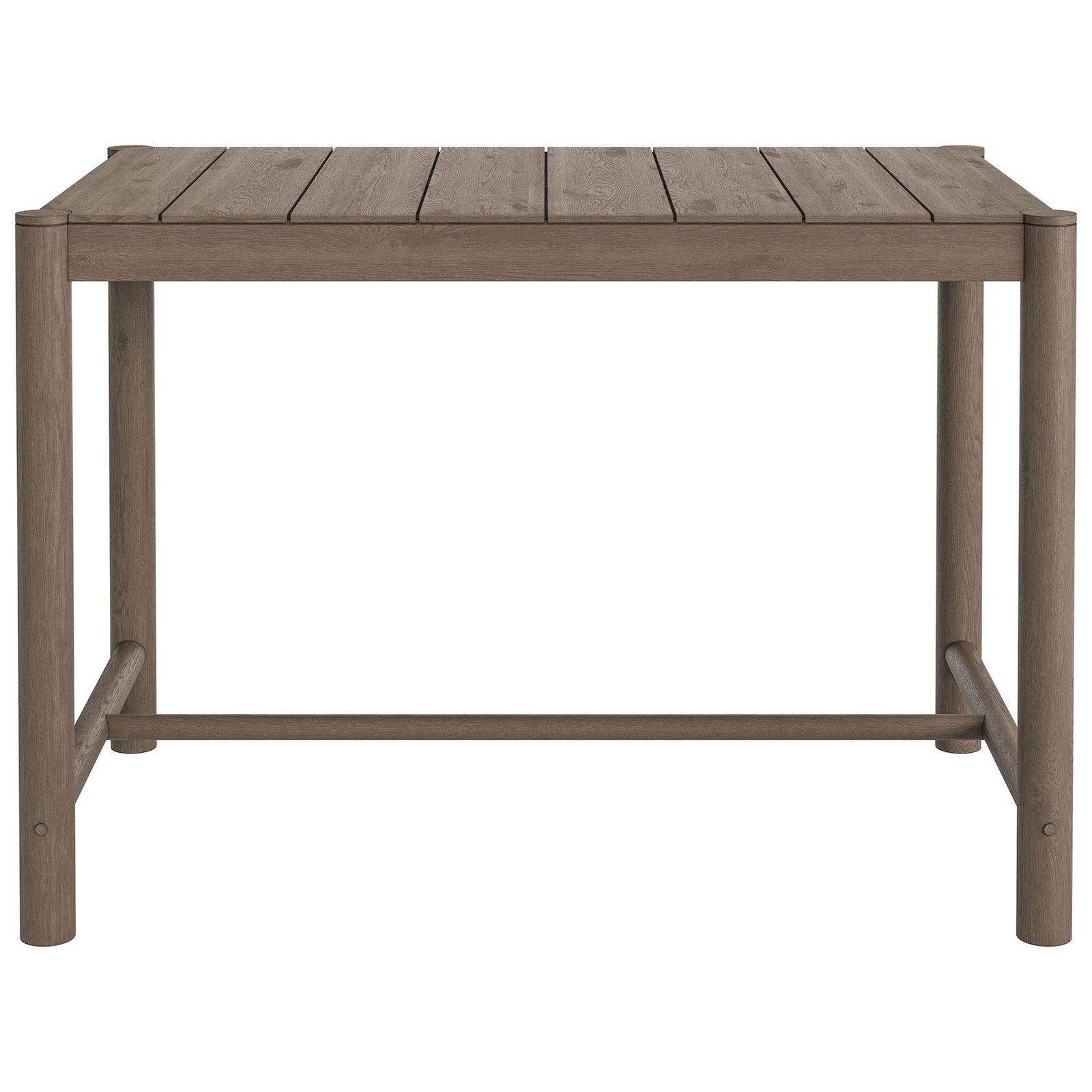 Weathered gray teak bar table with slatted top and sturdy round legs for alfresco gatherings || EEI-7629-WGR || front_studio