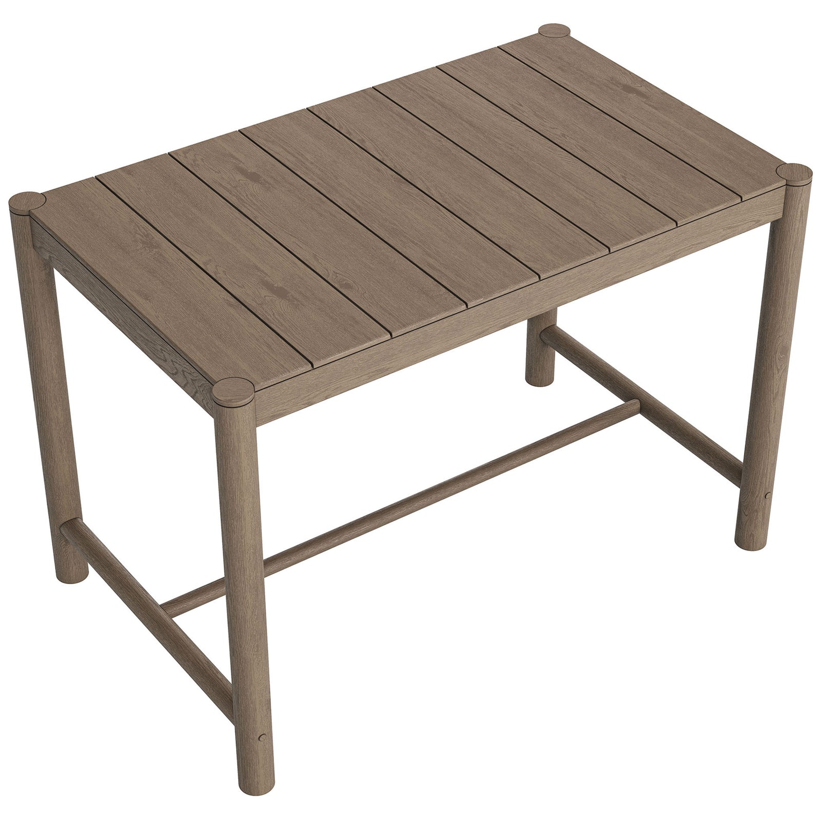 Weathered gray teak slatted tabletop sheds rainwater with ease and keeps outdoor dining surfaces dry || EEI-7629-WGR || top_angle_studio