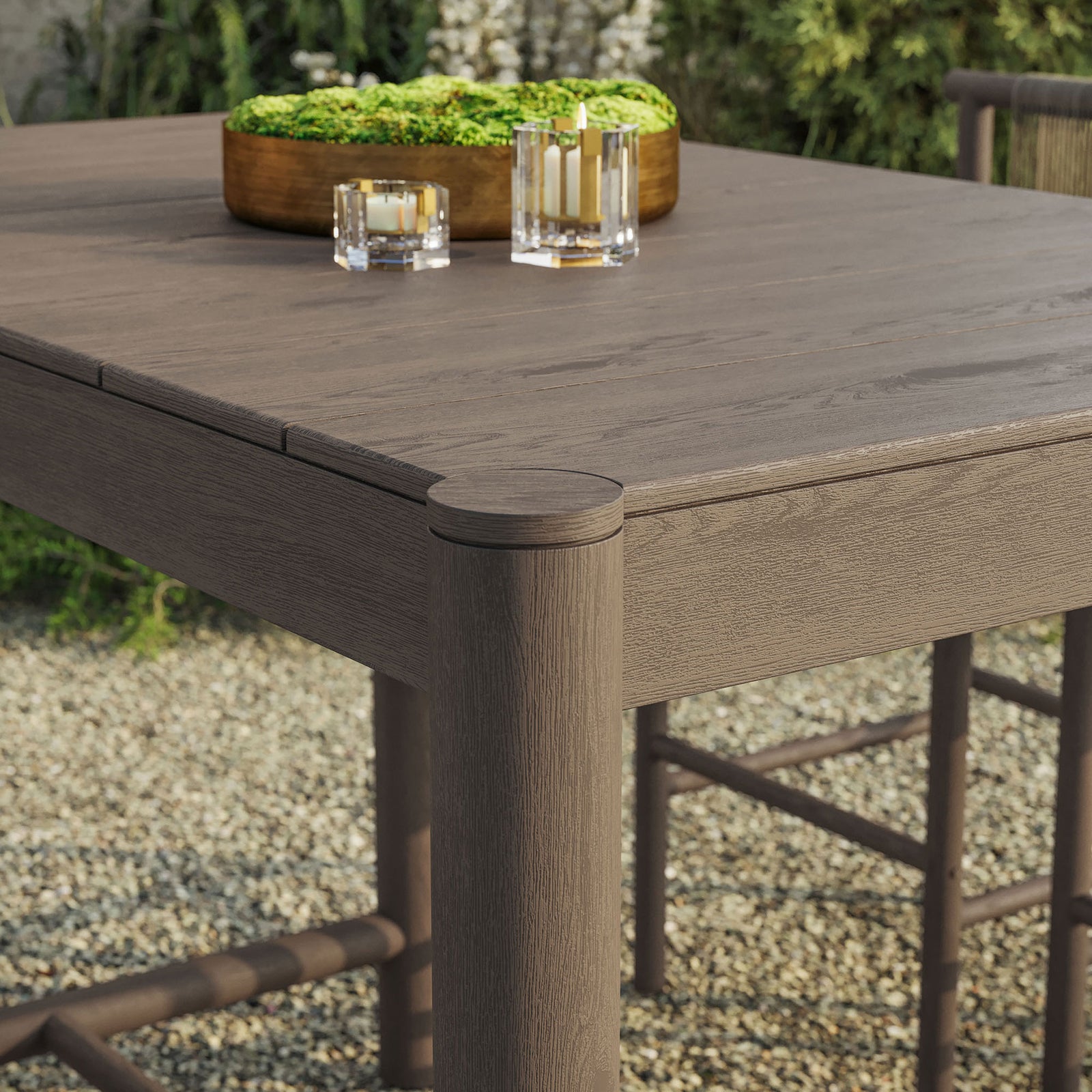 Weathered gray teak bar table top styled with drinks and decor for relaxed outdoor entertaining || EEI-7629-WGR || detail_room