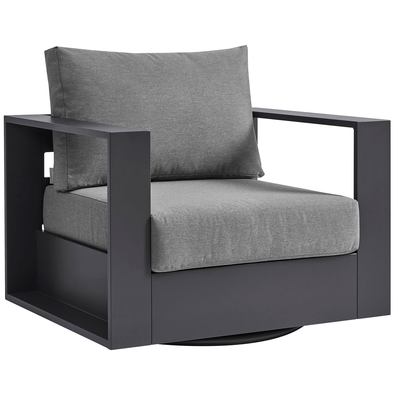 Modern charcoal outdoor armchair with deep cushioned seat and wide track arms on swivel base || EEI-7728-GRY-CHA || front_angle_studio