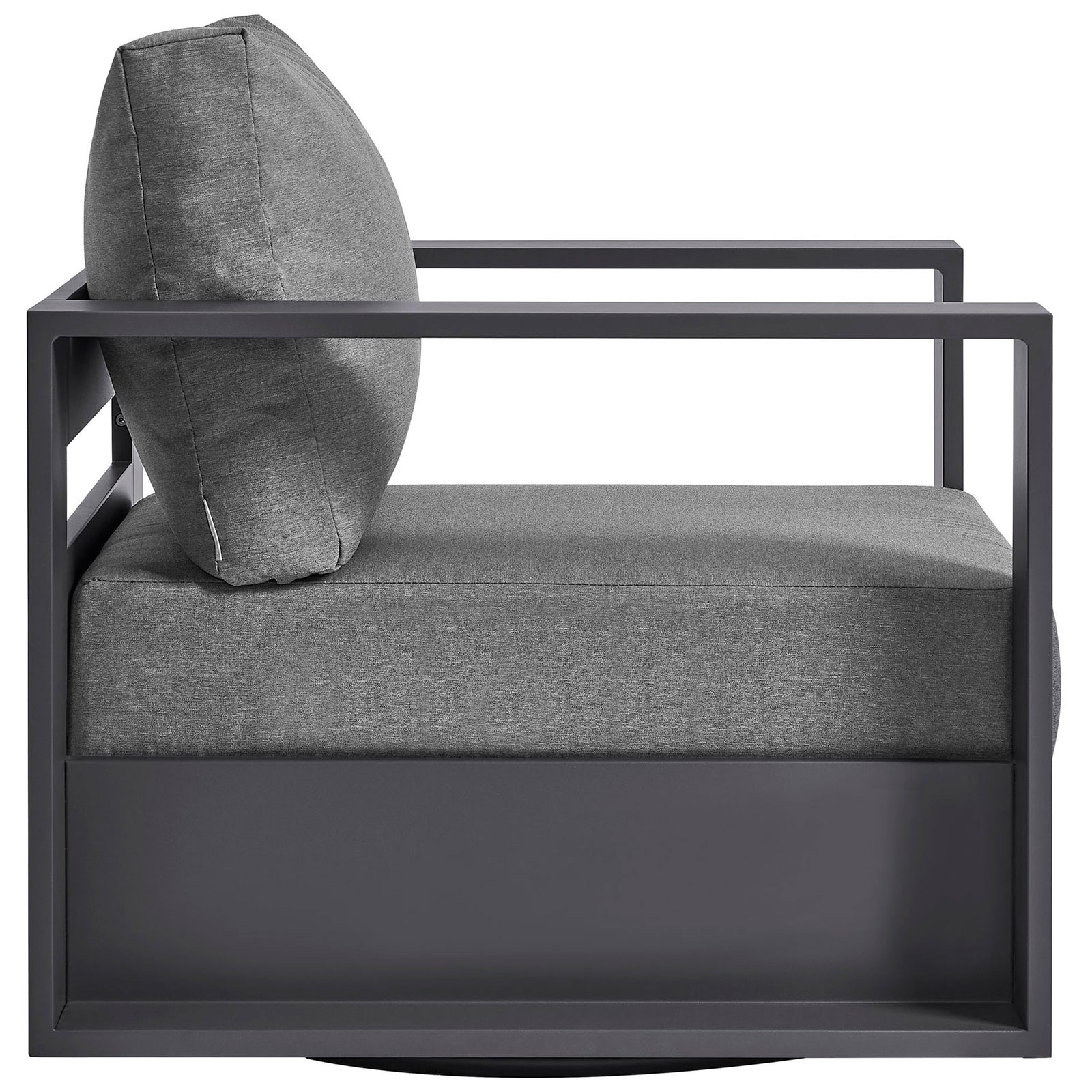 Tahoe patio armchair side silhouette featuring low seat profile and generous foam cushions || EEI-7728-GRY-CHA || side_studio