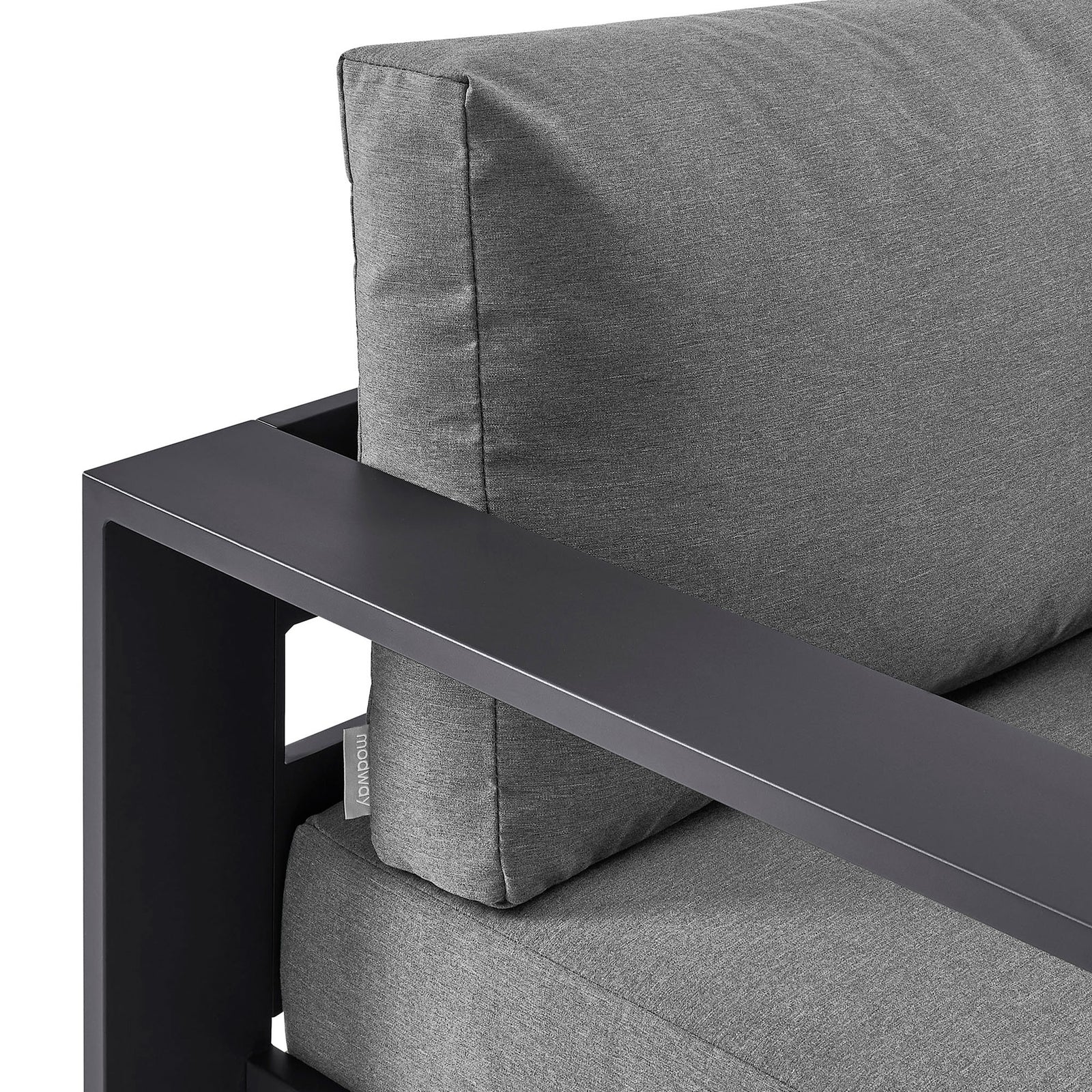 Charcoal aluminum armrest paired with textured gray back cushion and neat tailored seams || EEI-7728-GRY-CHA || detail_studio