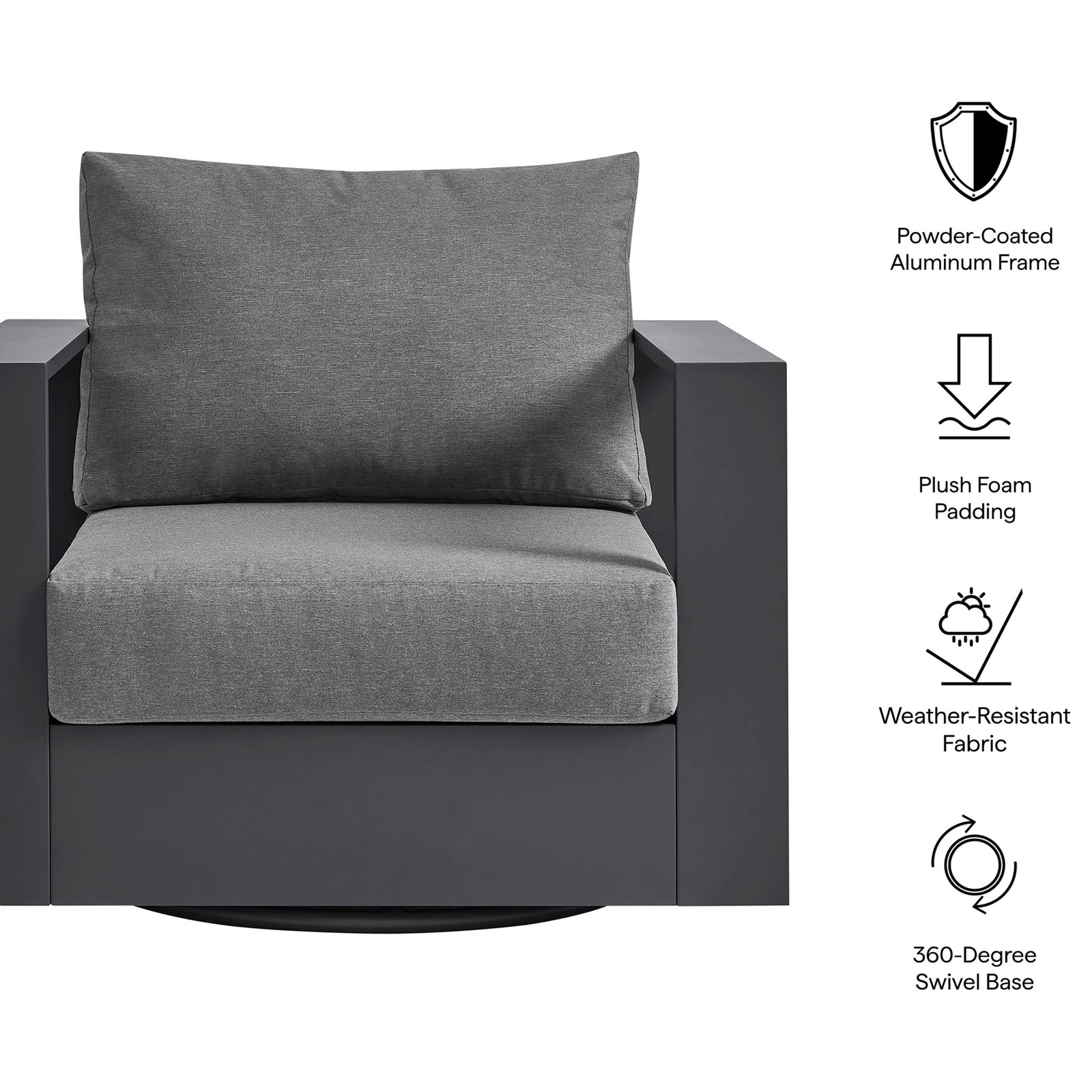 Feature graphic highlighting Tahoe swivel armchair frame cushions fabric and 360-degree base || EEI-7728-GRY-CHA || callout_studio