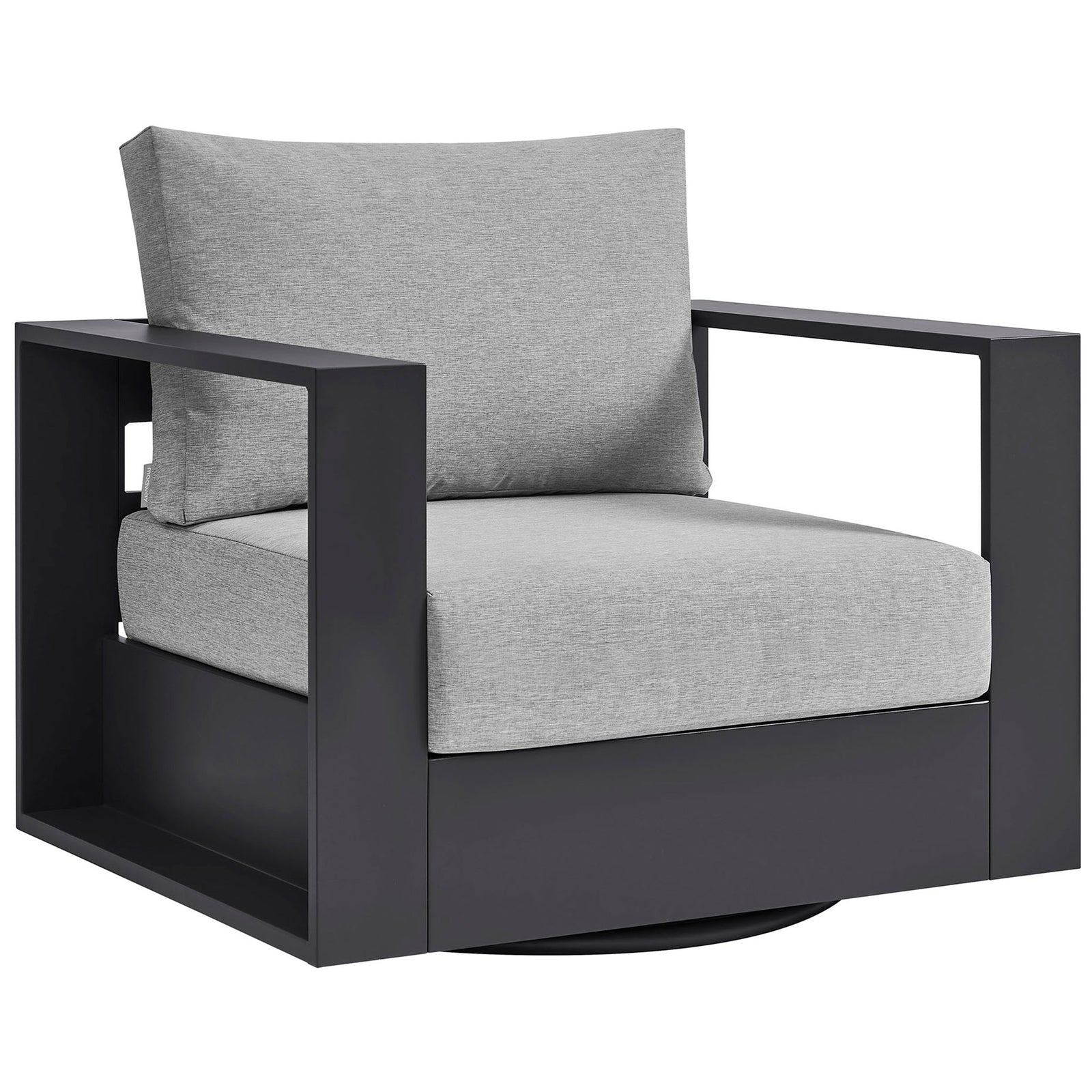 Modern outdoor armchair with soft gray cushions deep seat and wide track arms on swivel base || EEI-7728-GRY-GRY || front_angle_studio