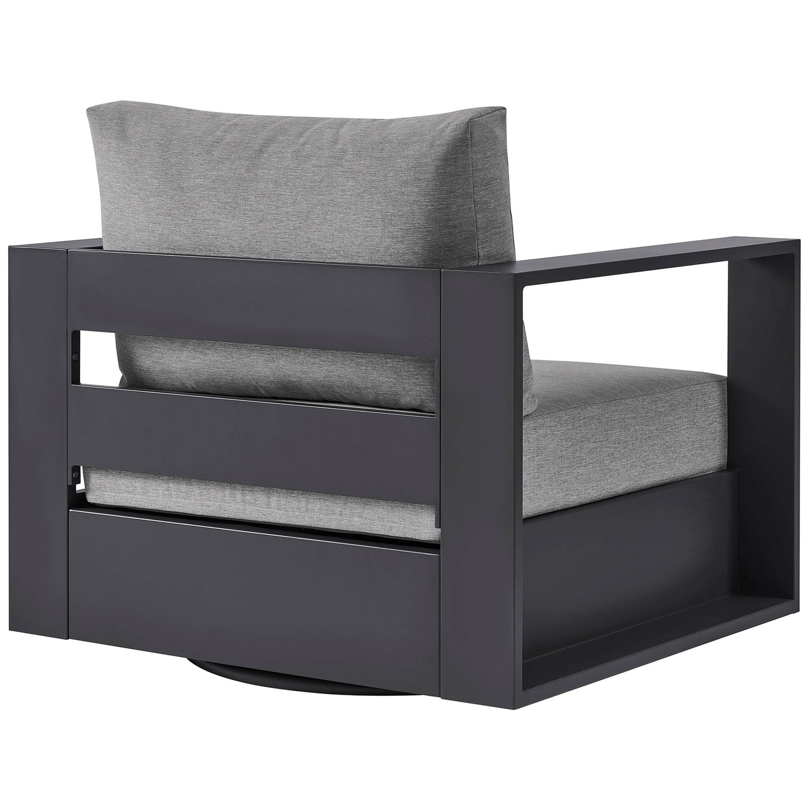 Rear of Tahoe swivel armchair with charcoal slatted back and supportive gray cushion || EEI-7728-GRY-GRY || back_angle_studio