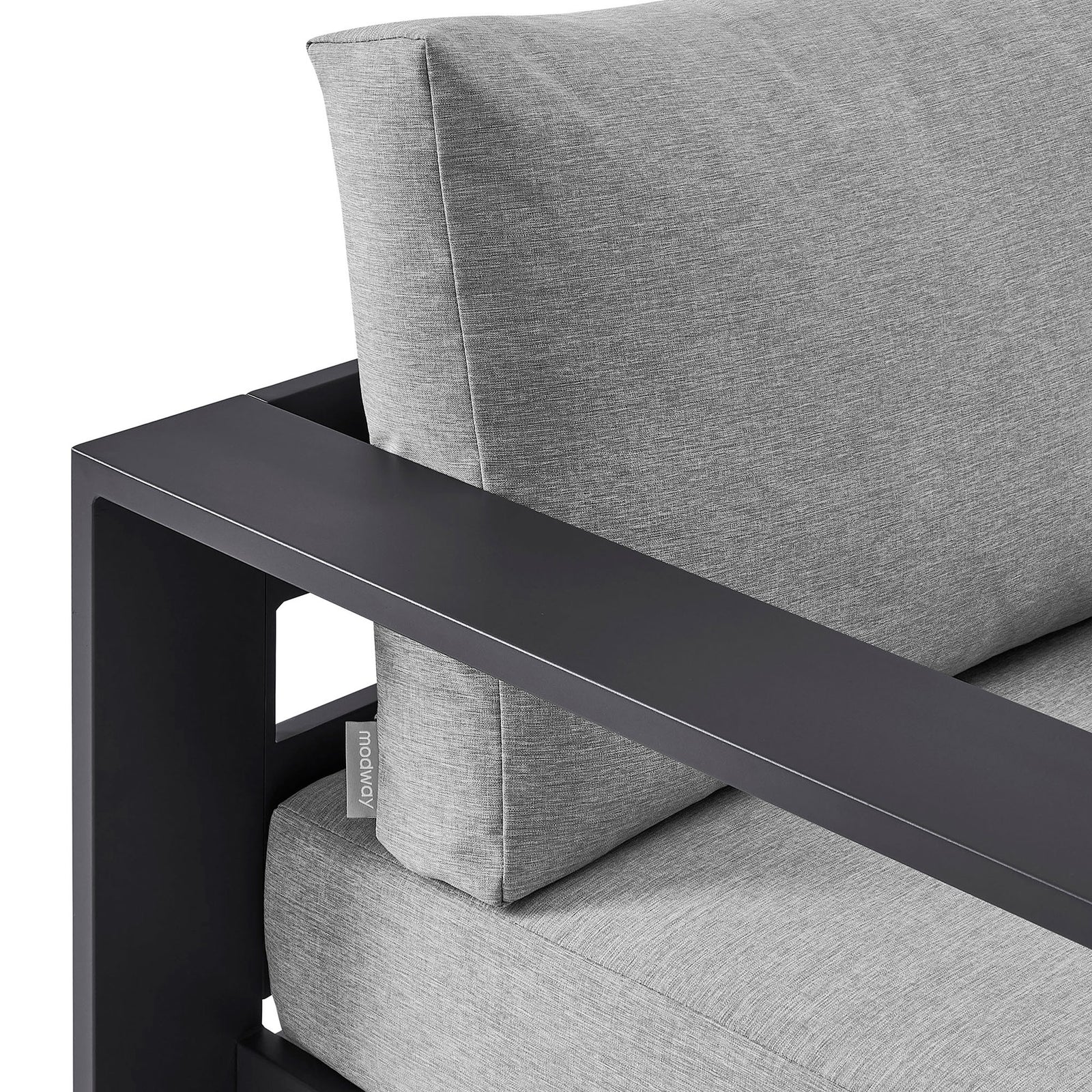 Charcoal armrest contrasted with soft gray back cushion and subtle heathered fabric texture || EEI-7728-GRY-GRY || detail_studio