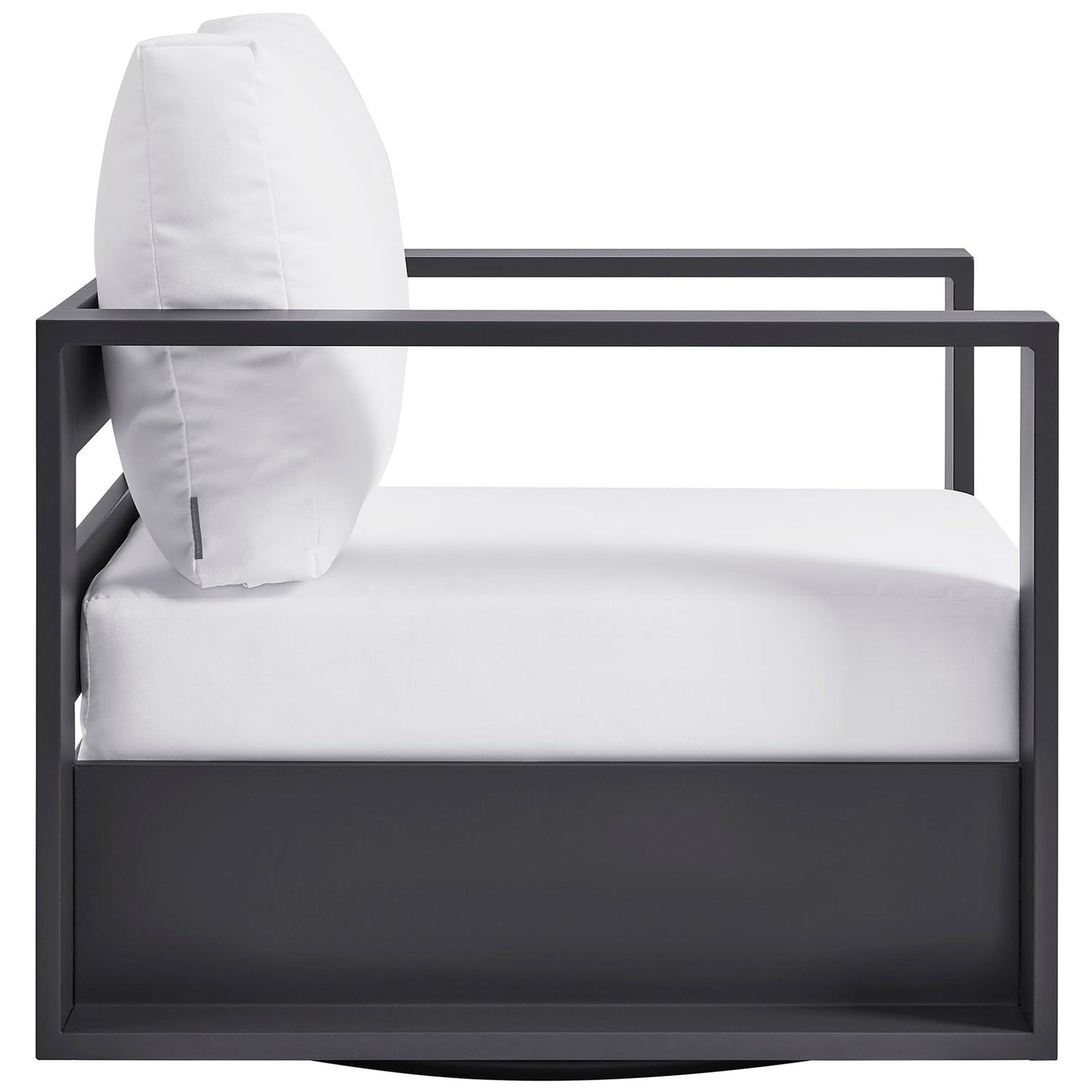 Tahoe patio armchair side silhouette featuring low seat and thick white outdoor cushions || EEI-7728-GRY-WHI || side_studio
