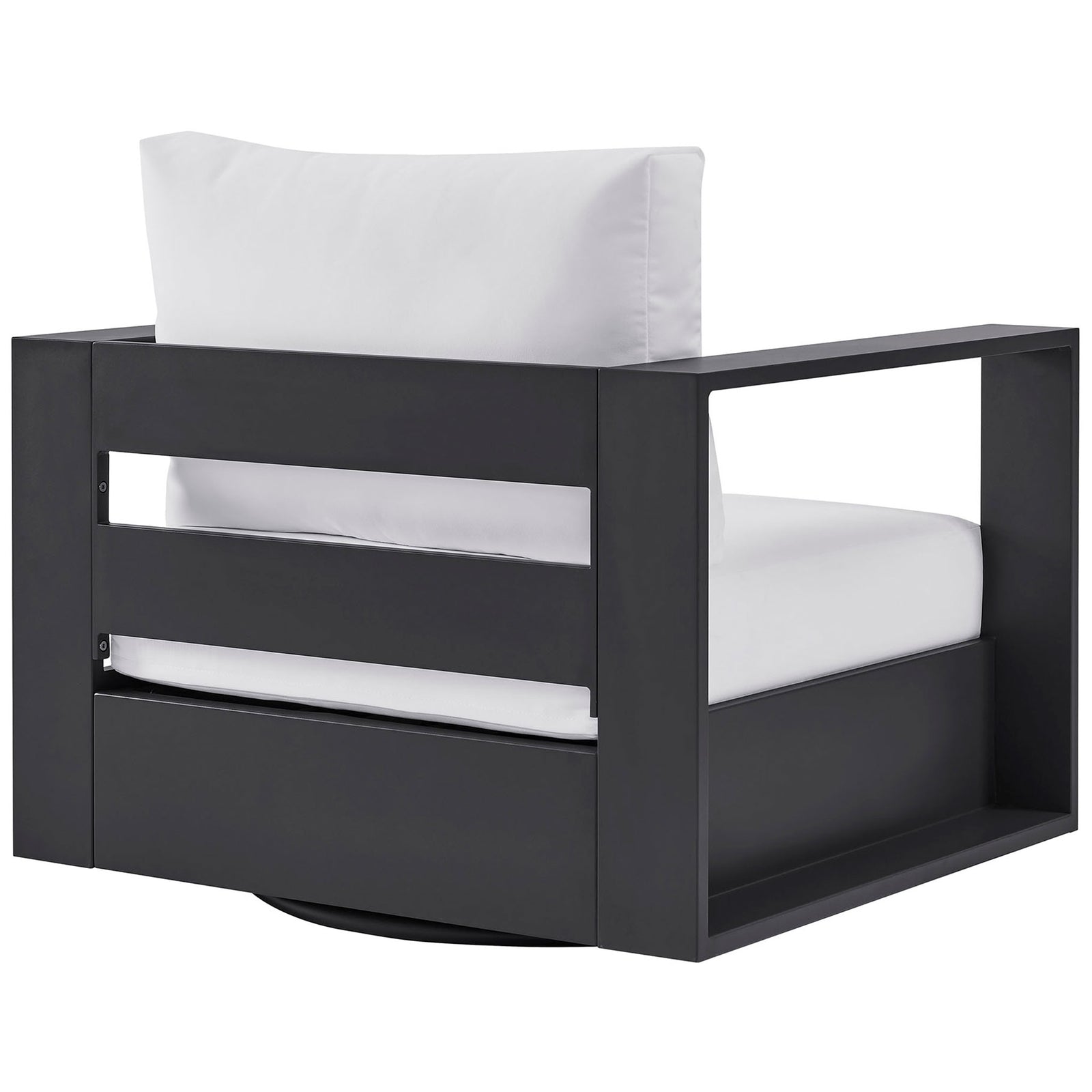 Back of Tahoe swivel armchair with horizontal slats and plush white back cushion || EEI-7728-GRY-WHI || back_angle_studio