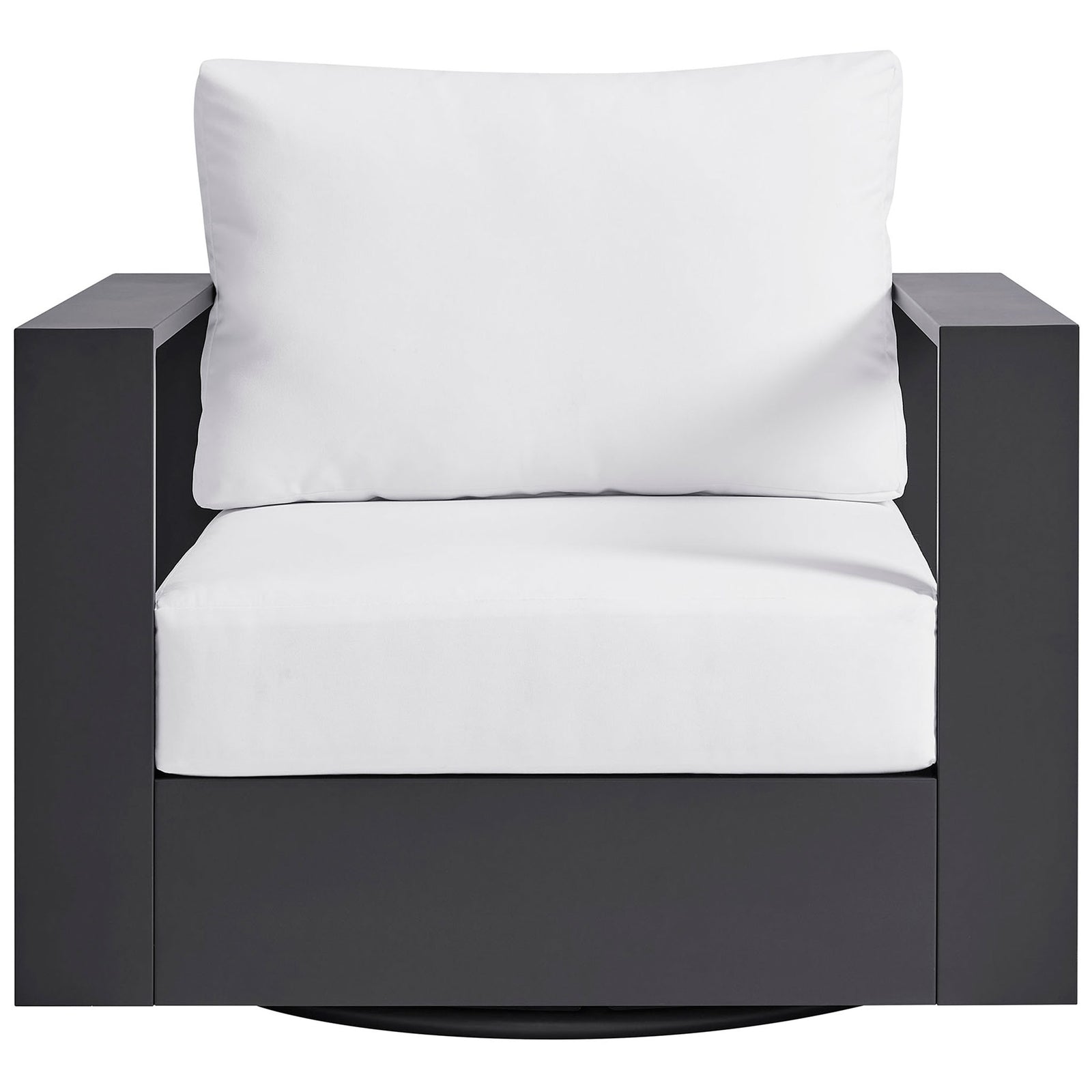 Tahoe swivel patio armchair with crisp white cushions and dark charcoal aluminum cube frame || EEI-7728-GRY-WHI || front_studio