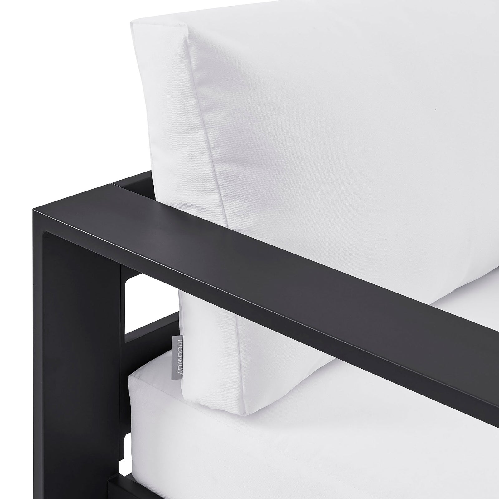 Charcoal aluminum armrest paired with smooth white cushion and clean tailored edges || EEI-7728-GRY-WHI || detail_studio