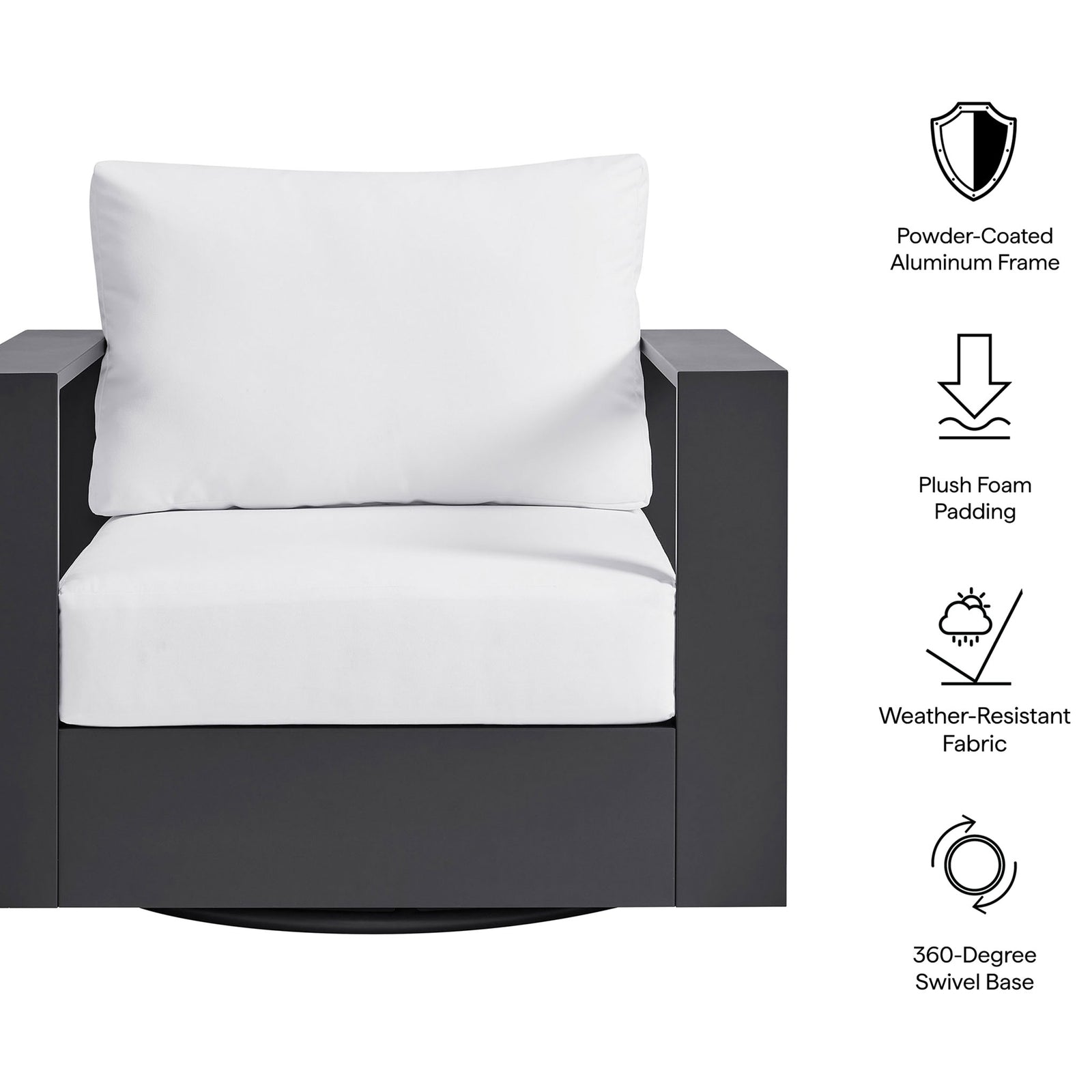 Feature graphic for Tahoe armchair highlighting powder-coated frame plush padding and weather-resistant fabric || EEI-7728-GRY-WHI || callout_studio