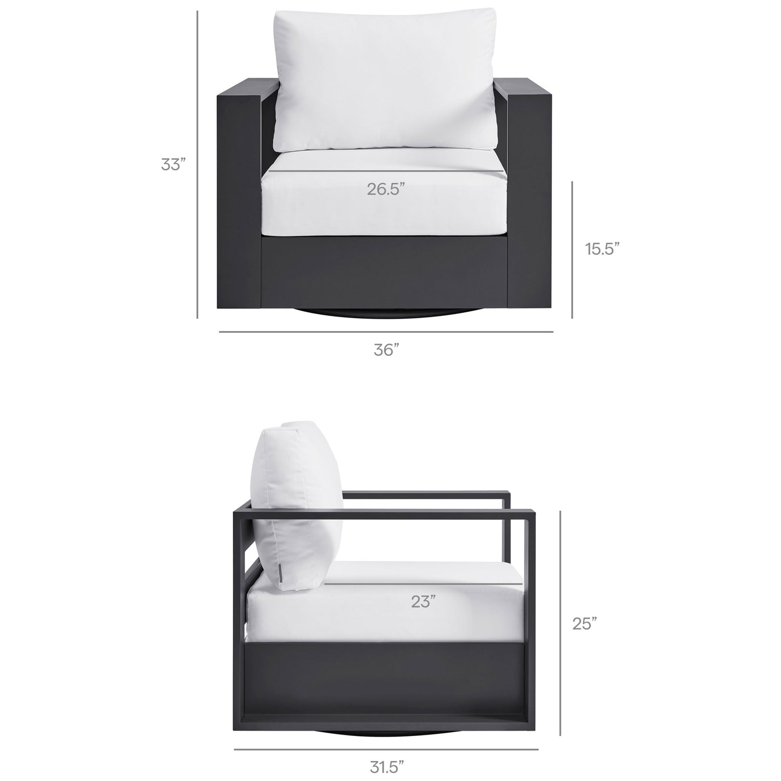 Measurement graphic for Tahoe swivel armchair showing overall size and detailed seat dimensions || EEI-7728-GRY-WHI || dimension_studio