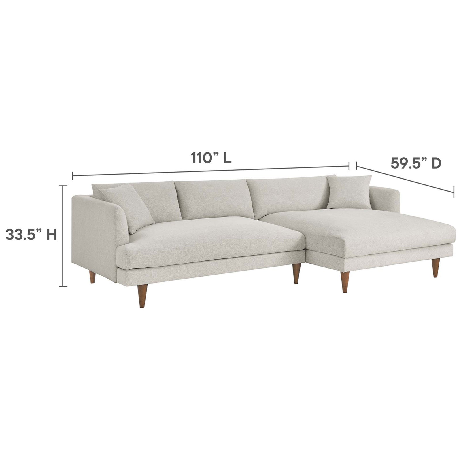 Sectional sofa shown with labeled dimensions for overall height, length, and depth || EEI-6612-HEI || dimension_studio